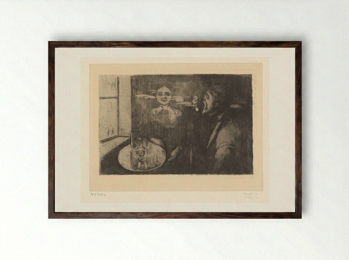Vrouw en pijprokende man aan een tafel - Edvard Munch - Framed Print Dark Wood
