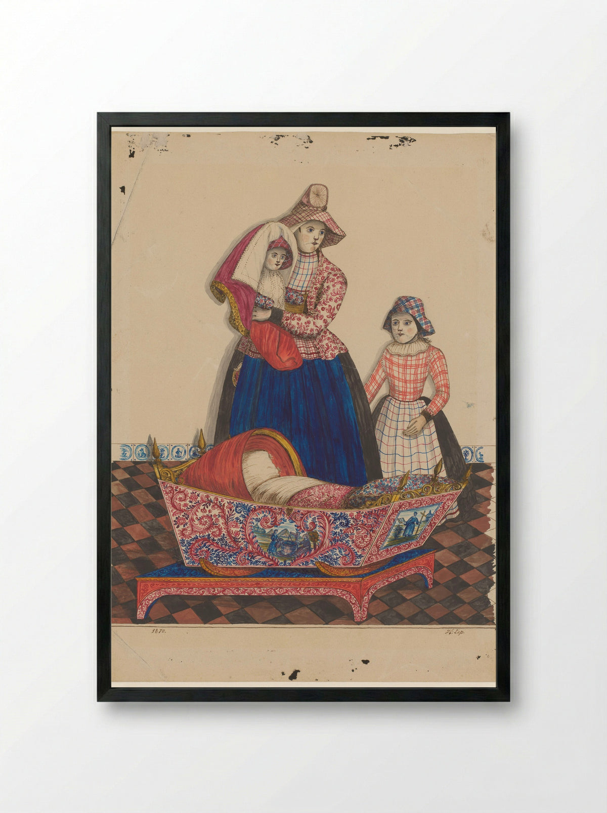 Vrouw en twee kinderen in Hindelooper klederdracht bij een wieg - Hendrik Lap - Framed Print Black
