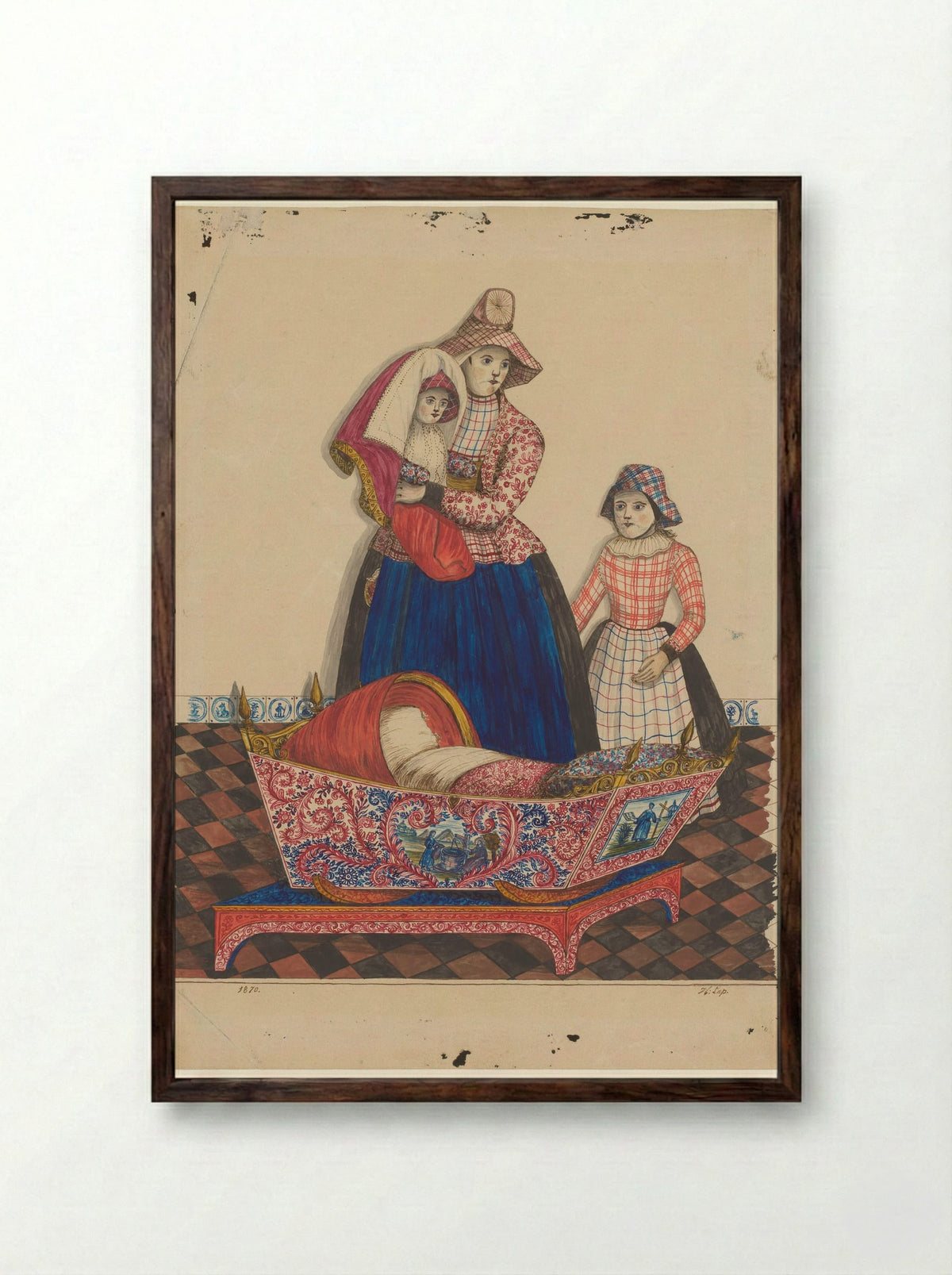 Vrouw en twee kinderen in Hindelooper klederdracht bij een wieg - Hendrik Lap - Framed Print Dark Wood
