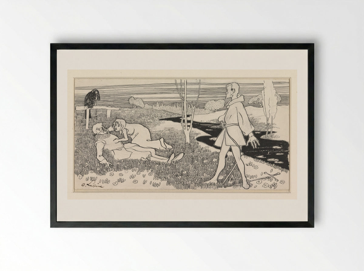 Vrouw geknield bij de verliezer van een duel - C. Lapine - Framed Print Black