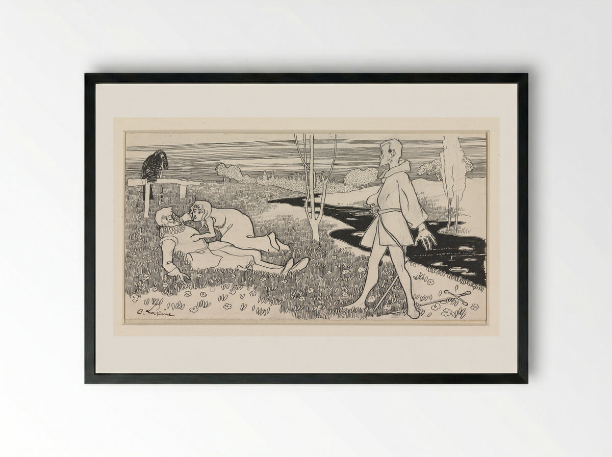 Vrouw geknield bij de verliezer van een duel - C. Lapine - Framed Print Black
