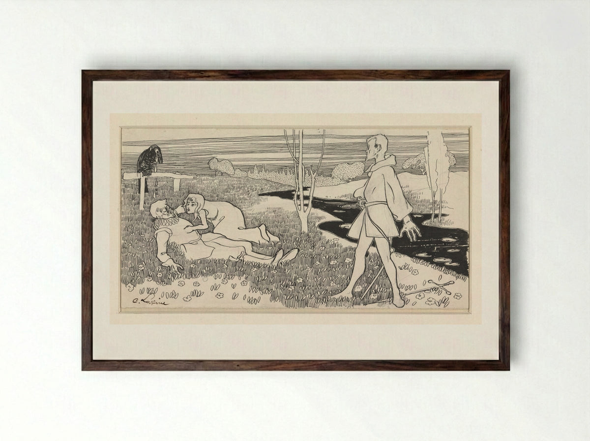 Vrouw geknield bij de verliezer van een duel - C. Lapine - Framed Print Dark Wood