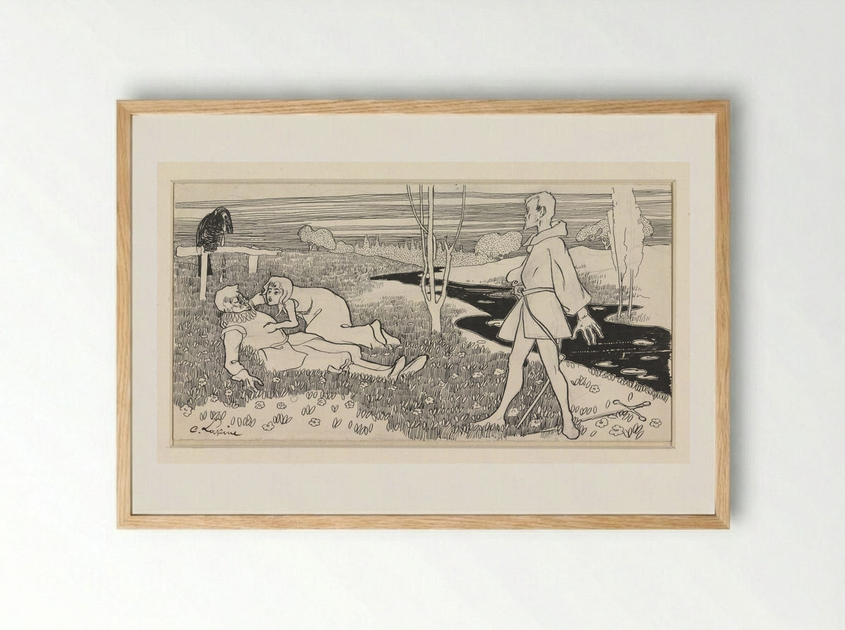 Vrouw geknield bij de verliezer van een duel - C. Lapine - Framed Print Wood