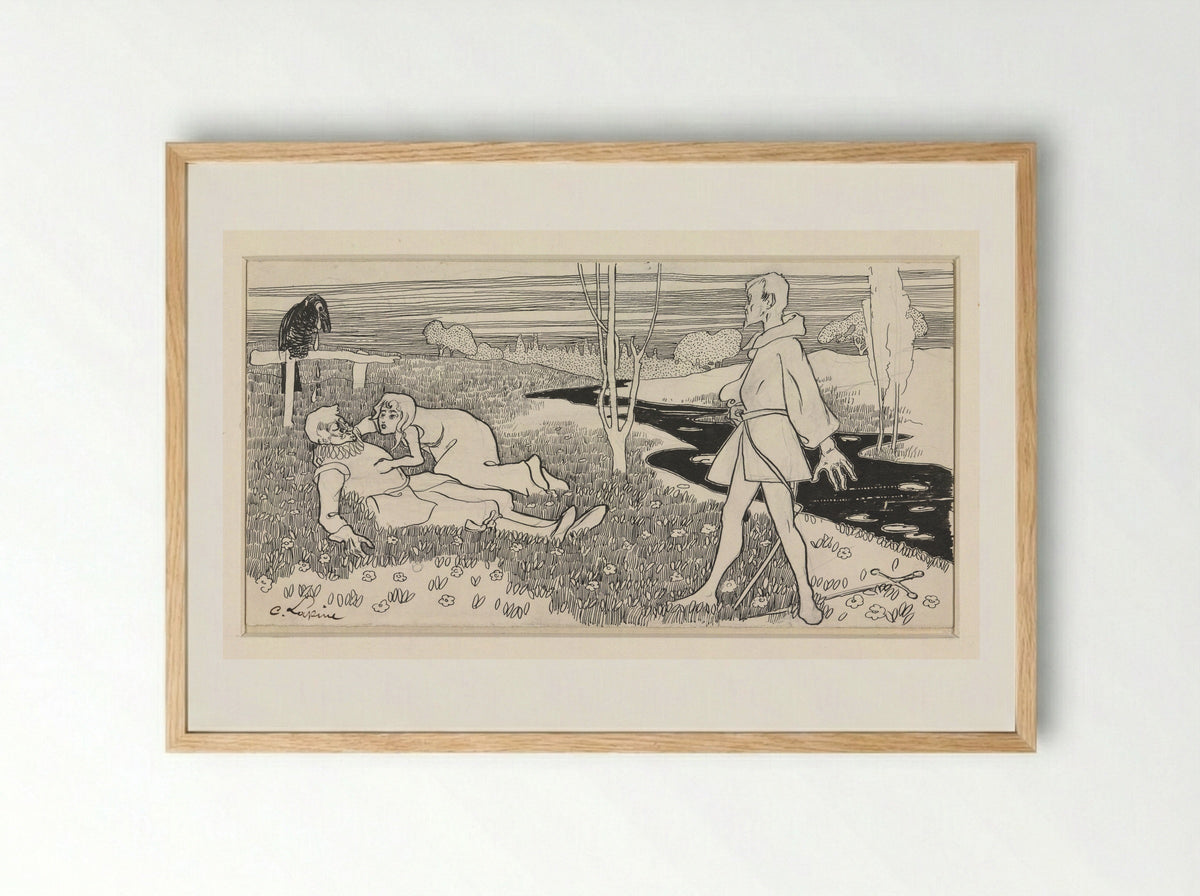 Vrouw geknield bij de verliezer van een duel - C. Lapine - Framed Print Wood