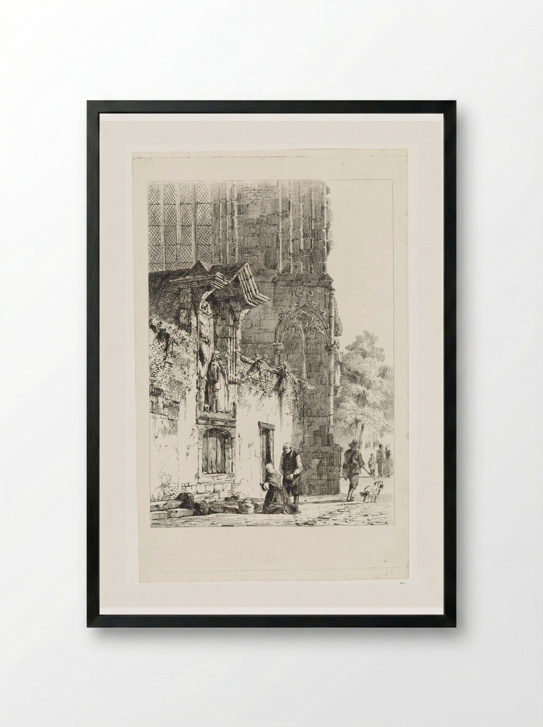 Vrouw knielend voor een kapelletje - Cornelis Springer - Framed Print Black