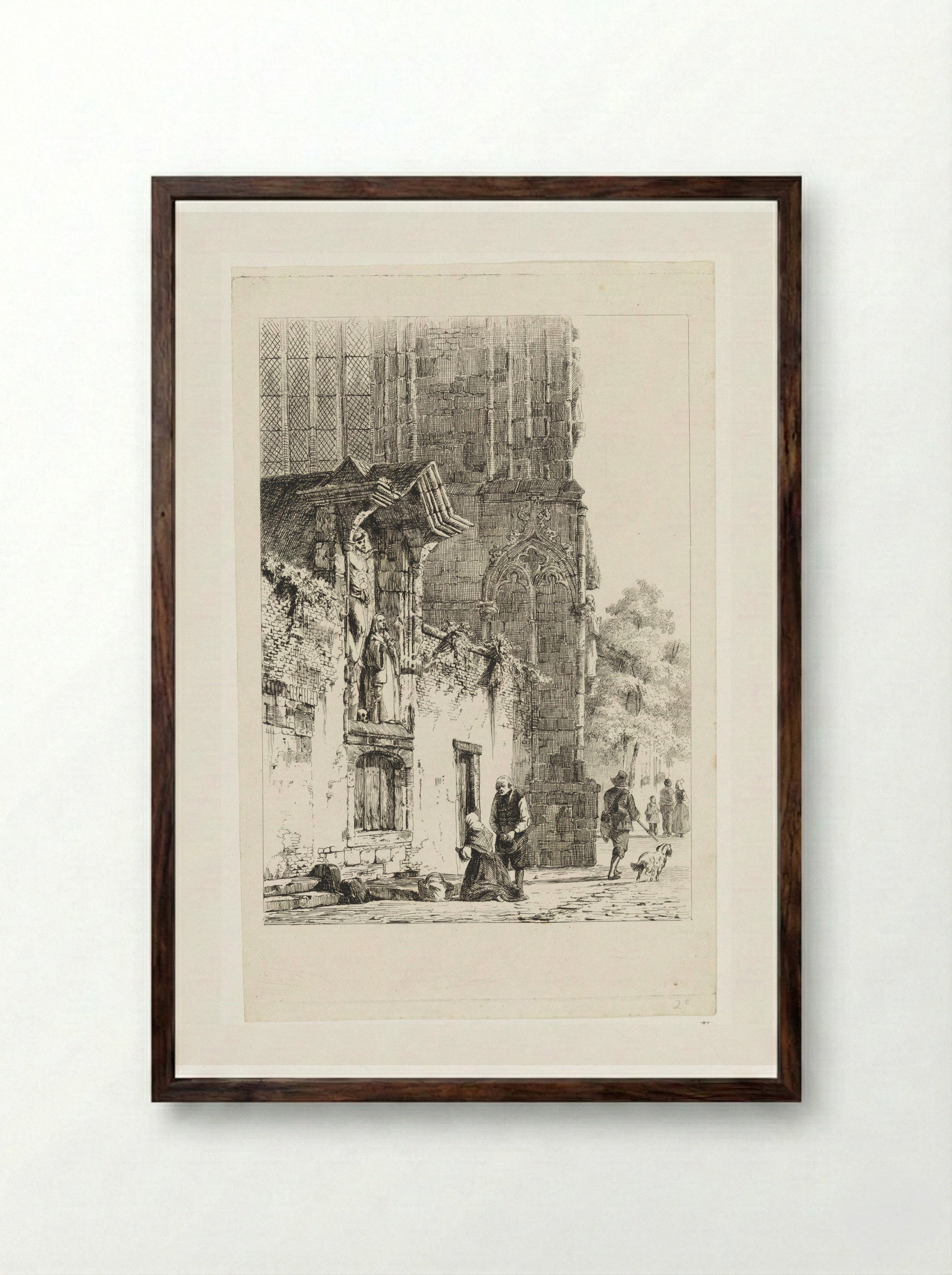 Vrouw knielend voor een kapelletje - Cornelis Springer - Framed Print Dark Wood