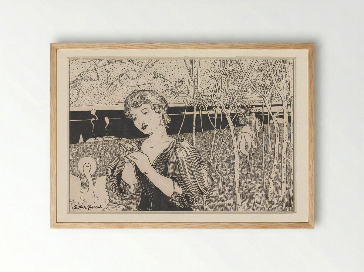 Vrouw met bloem, rechts een figuur te paard - C. Lapine - Framed Print Wood