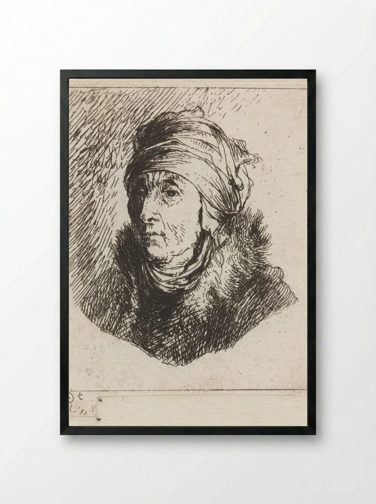 Vrouw met bontkraag en hoofddoek over een ondermutsje gewonden: buste - Constantino Cumano - Framed Print Black