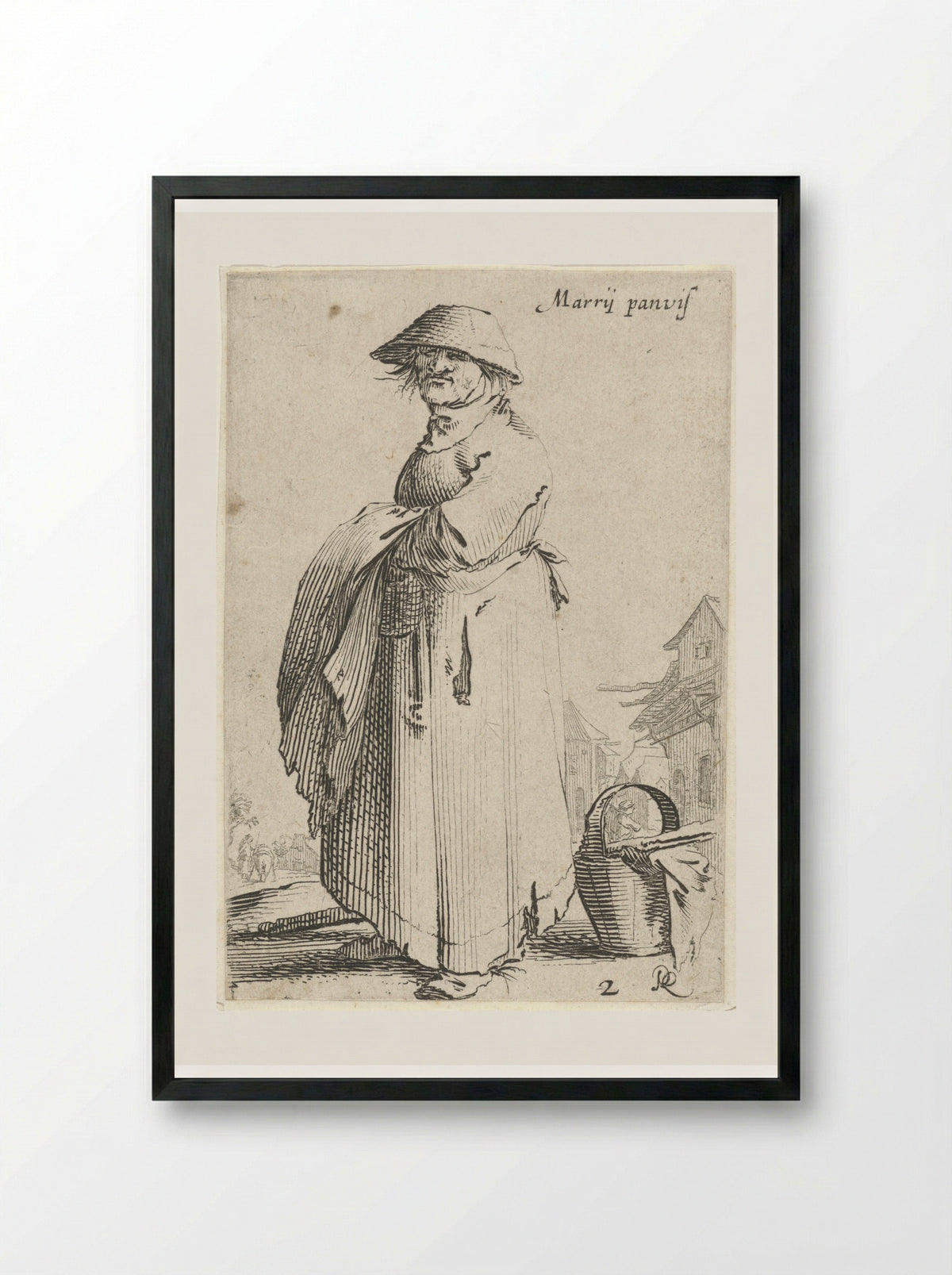 Vrouw met doek over haar arm, achter haar staat een mand op de grond - Salomon Savery - Framed Print Black