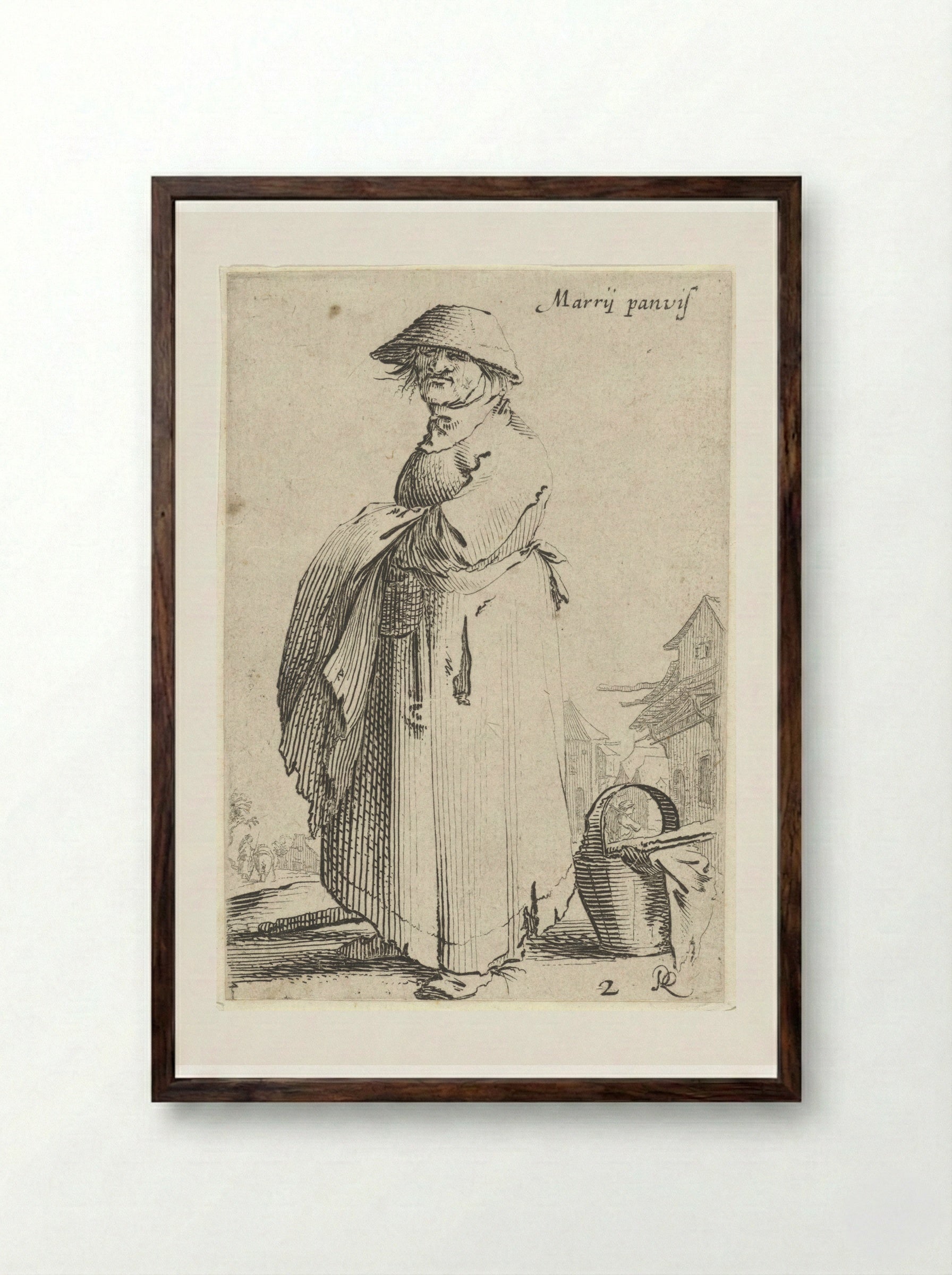 Vrouw met doek over haar arm, achter haar staat een mand op de grond - Salomon Savery - Framed Print Dark Wood
