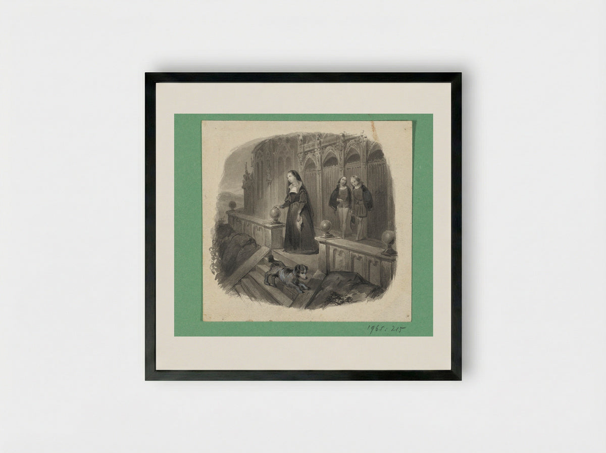 Vrouw met een hond op een bordes - Johann Wilhelm Kaiser - Framed Print Black