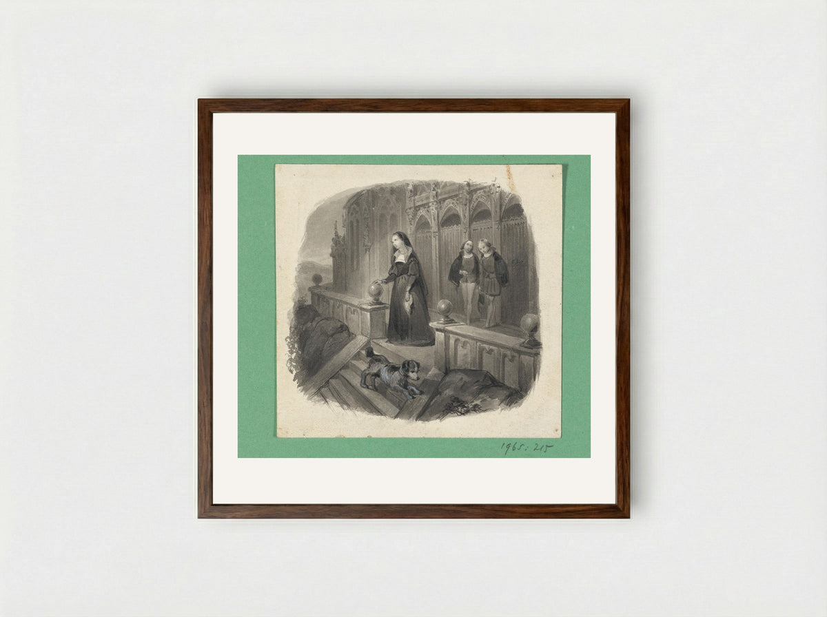 Vrouw met een hond op een bordes - Johann Wilhelm Kaiser - Framed Print Dark Wood