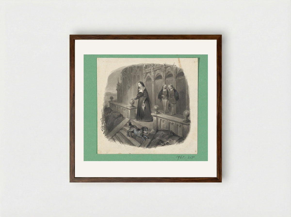 Vrouw met een hond op een bordes - Johann Wilhelm Kaiser - Framed Print Dark Wood
