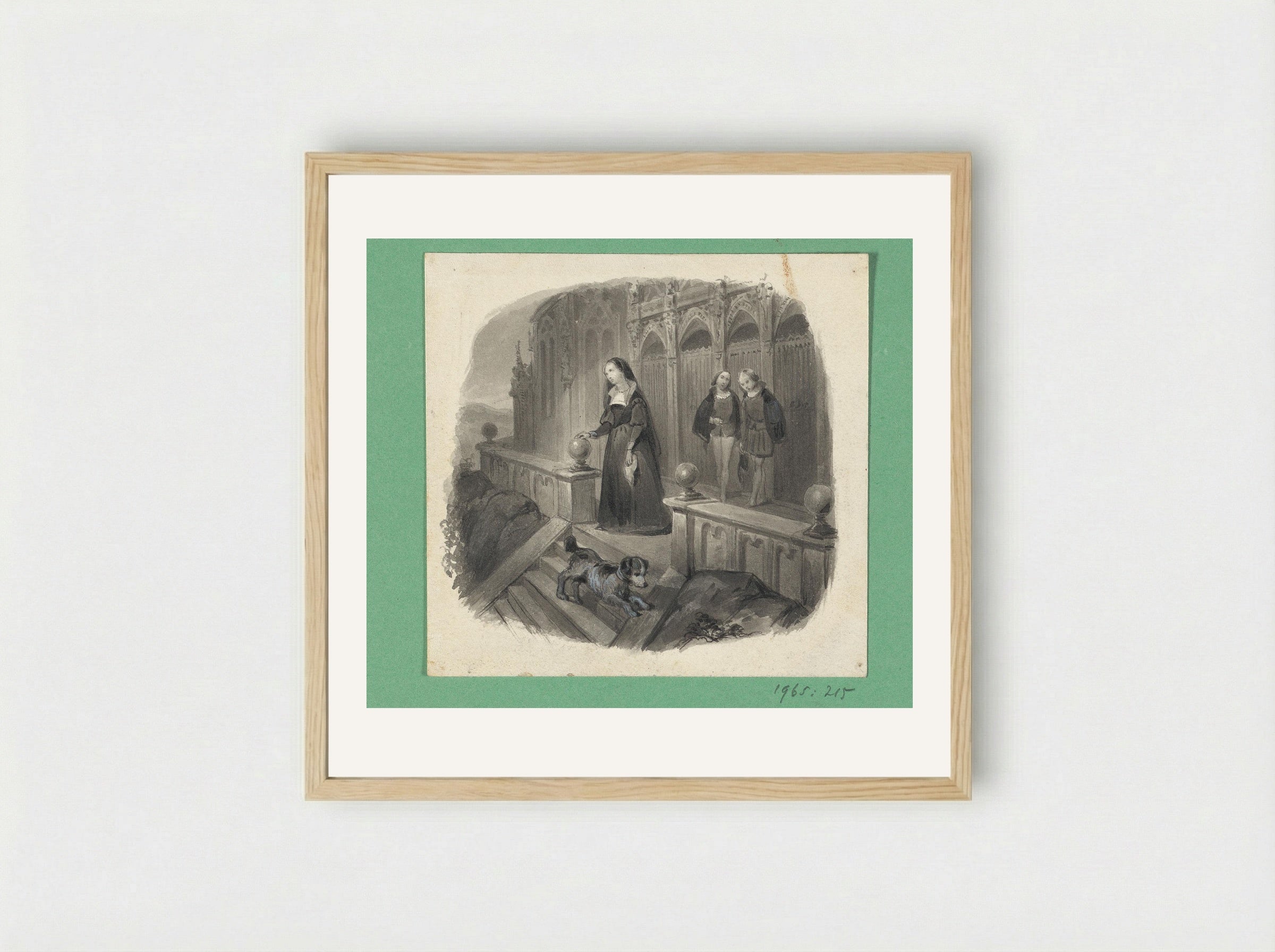 Vrouw met een hond op een bordes - Johann Wilhelm Kaiser - Framed Print Wood