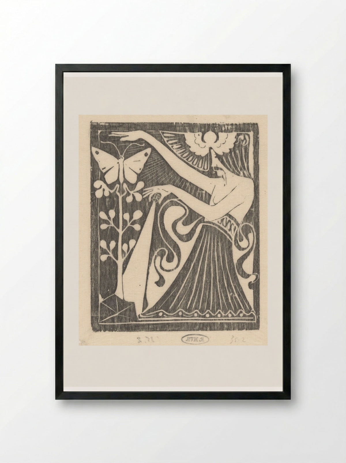 Vrouw met een kristal bij een vlinder en een plant - Karel Petrus Cornelis de Bazel - Framed Print Black