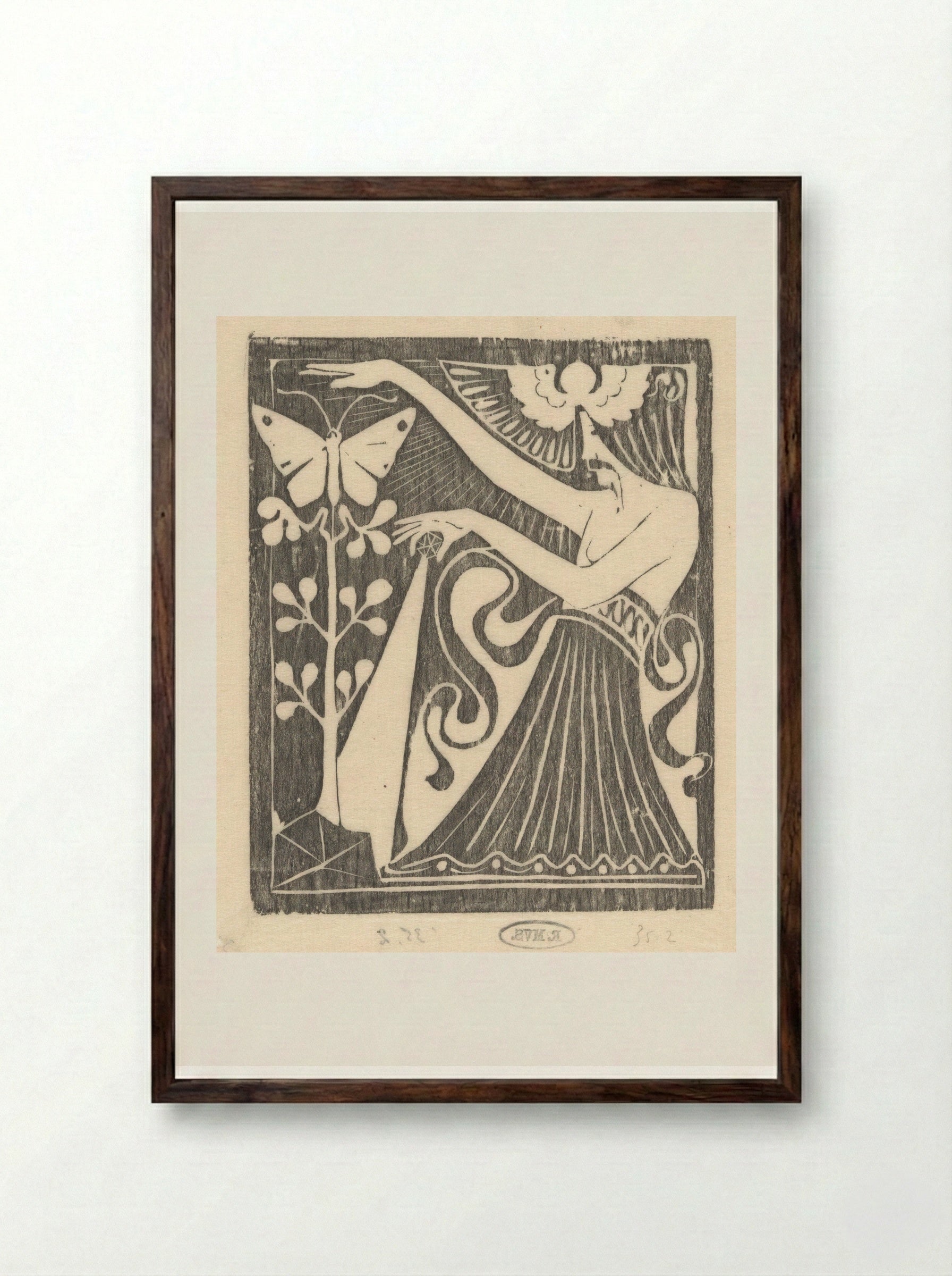 Vrouw met een kristal bij een vlinder en een plant - Karel Petrus Cornelis de Bazel - Framed Print Dark Wood