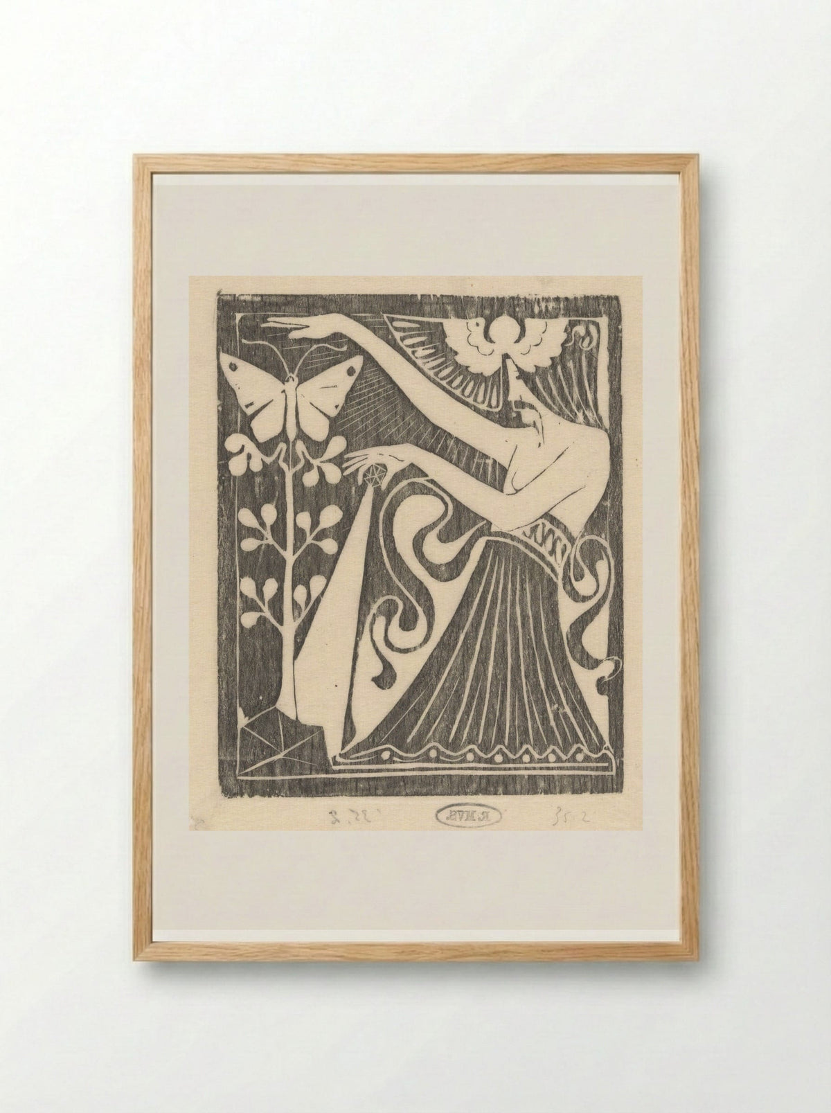 Vrouw met een kristal bij een vlinder en een plant - Karel Petrus Cornelis de Bazel - Framed Print Wood
