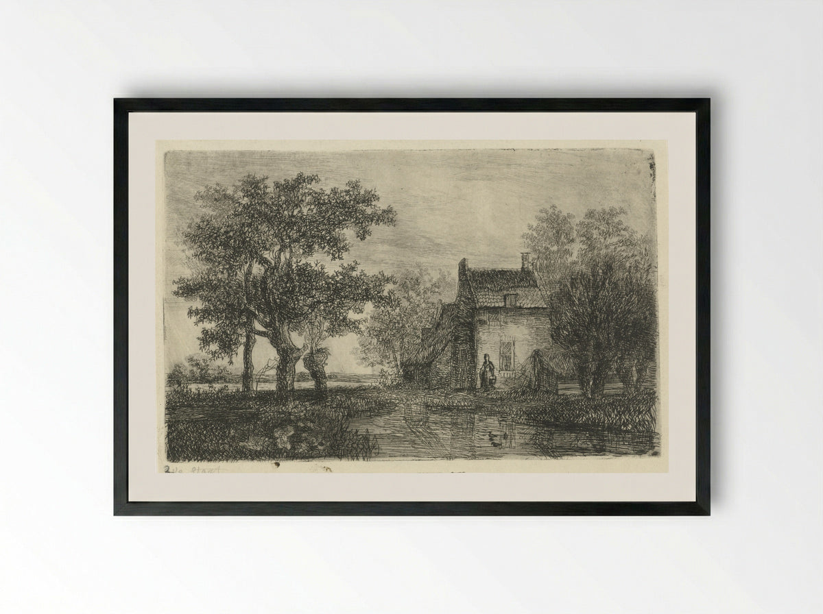 Vrouw met een mand voor een boerenhuis aan het water - Hermanus Jan Hendrik Rijkelijkhuizen - Framed Print Black