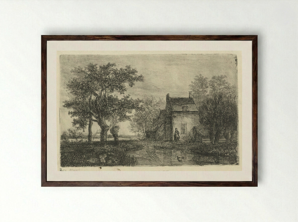 Vrouw met een mand voor een boerenhuis aan het water - Hermanus Jan Hendrik Rijkelijkhuizen - Framed Print Dark Wood