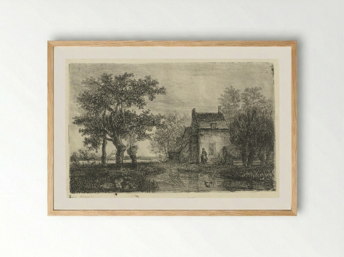 Vrouw met een mand voor een boerenhuis aan het water - Hermanus Jan Hendrik Rijkelijkhuizen - Framed Print Wood