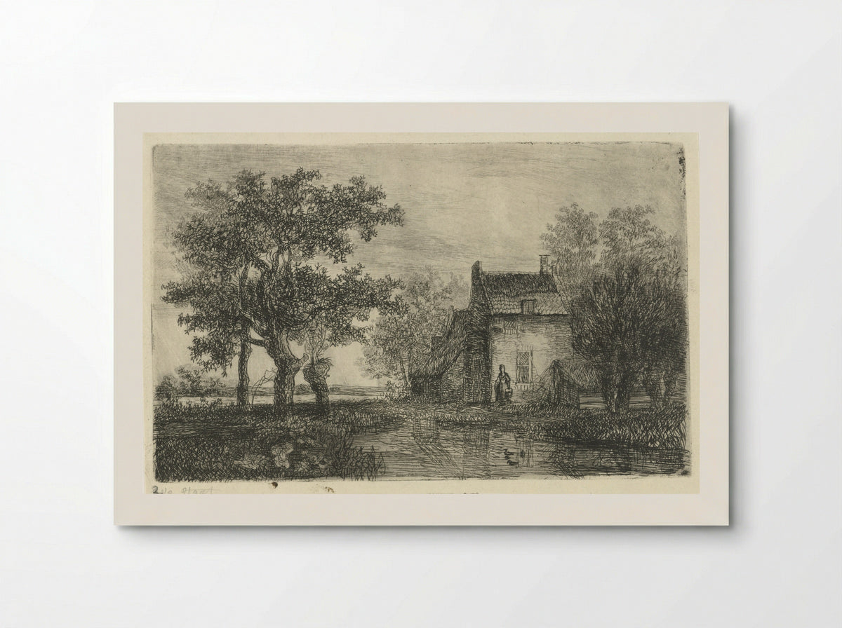 Vrouw met een mand voor een boerenhuis aan het water - Hermanus Jan Hendrik Rijkelijkhuizen - Poster