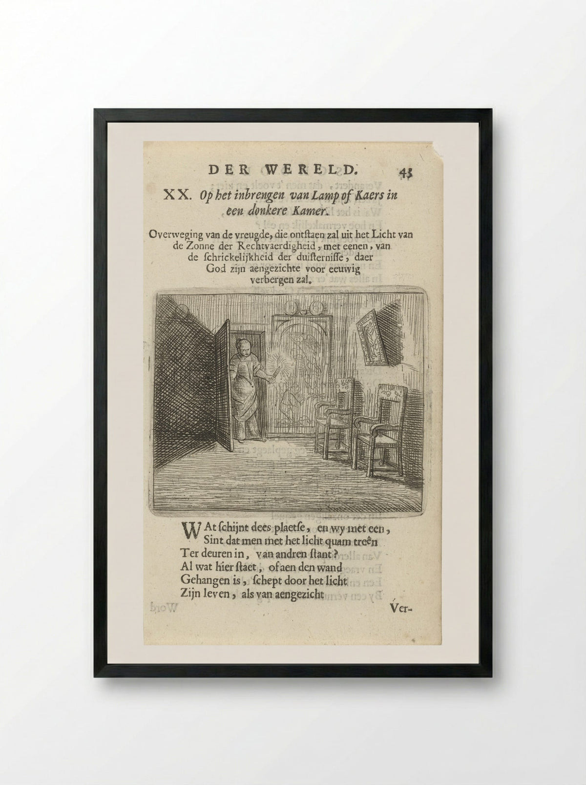 Vrouw met kaars in een duistere kamer - Arnold Houbraken - Framed Print Black