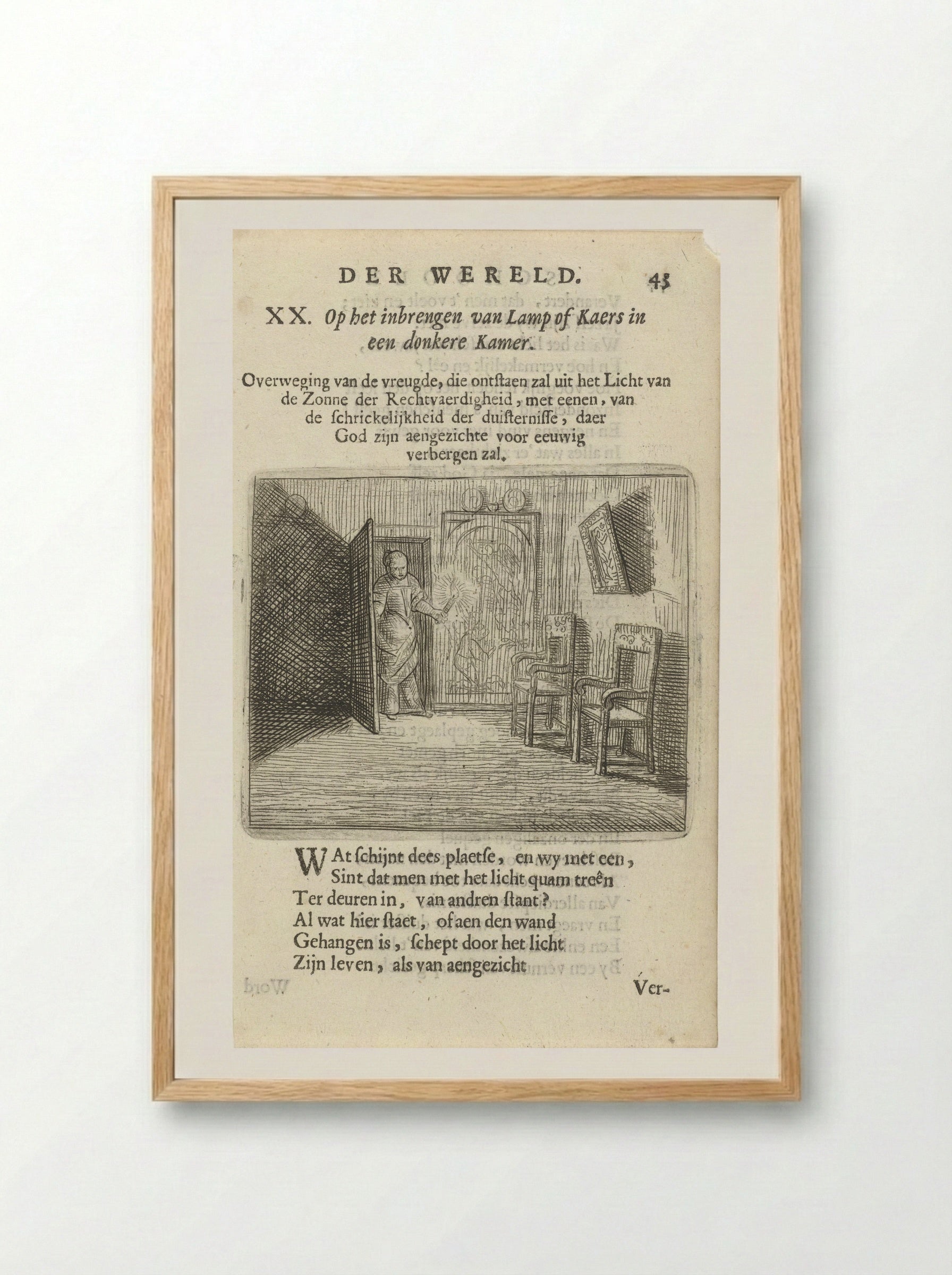 Vrouw met kaars in een duistere kamer - Arnold Houbraken - Framed Print Wood