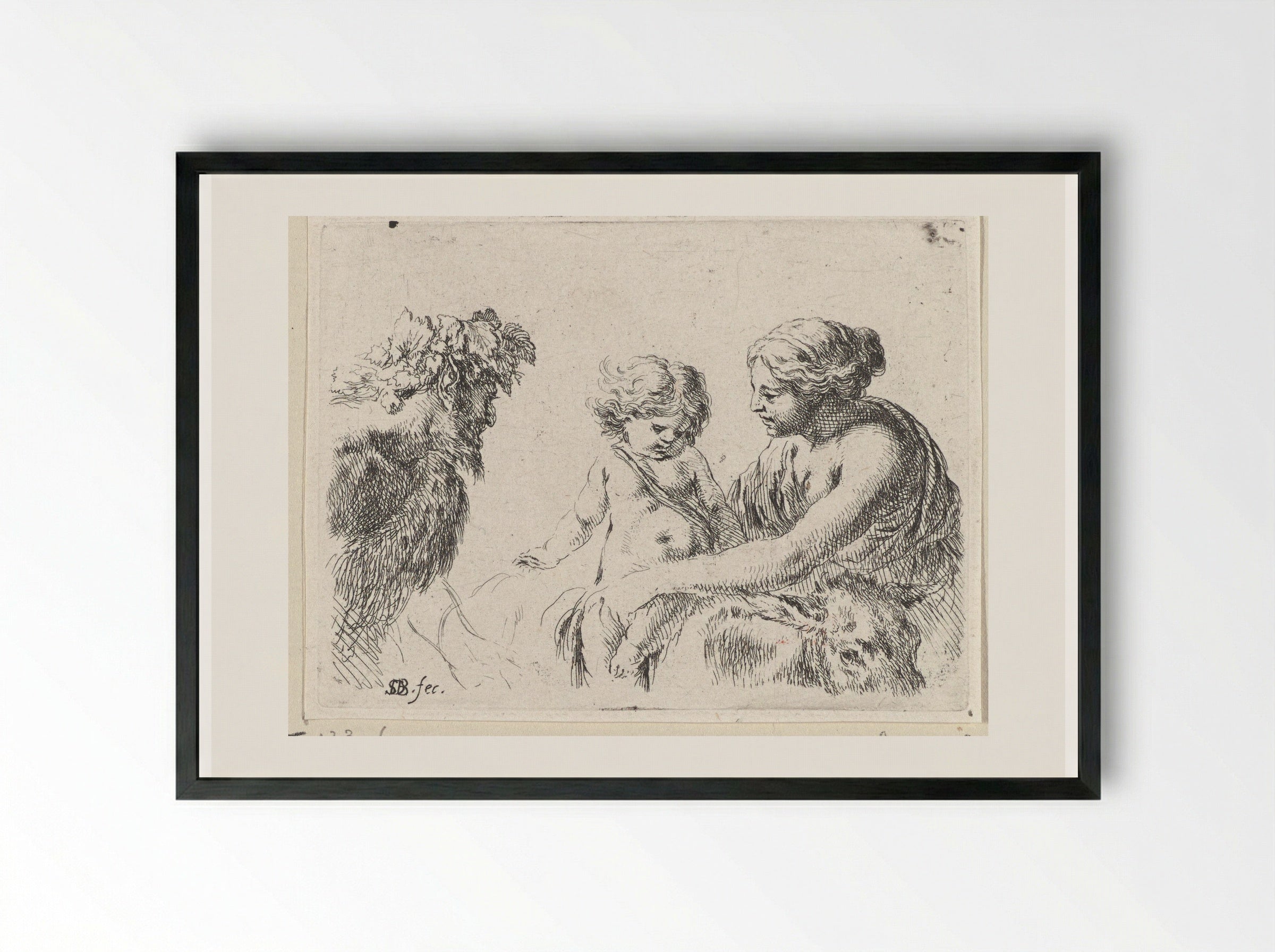 Vrouw met kind en sater - Jacques van Merlen - Framed Print Black