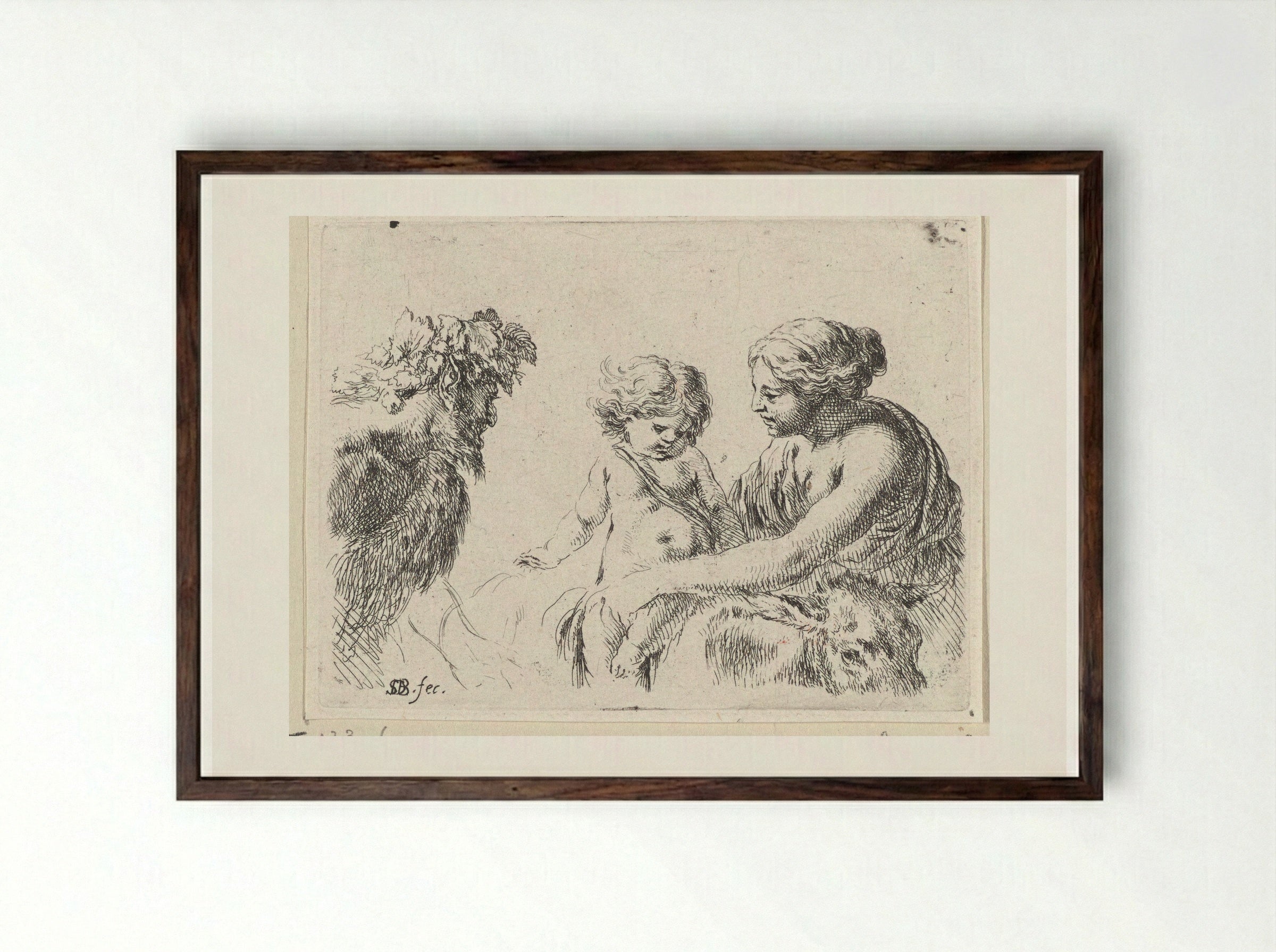 Vrouw met kind en sater - Jacques van Merlen - Framed Print Dark Wood