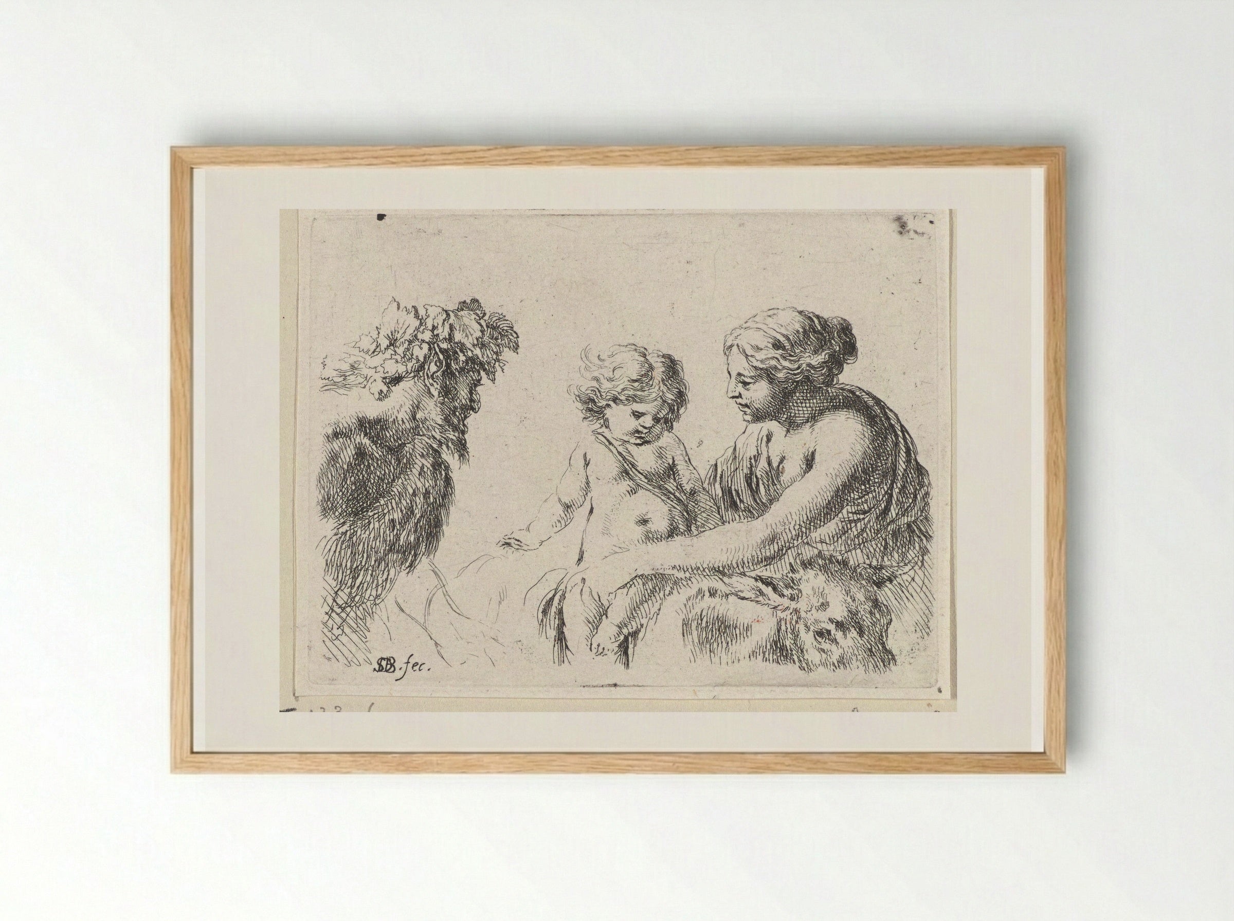 Vrouw met kind en sater - Jacques van Merlen - Framed Print Wood