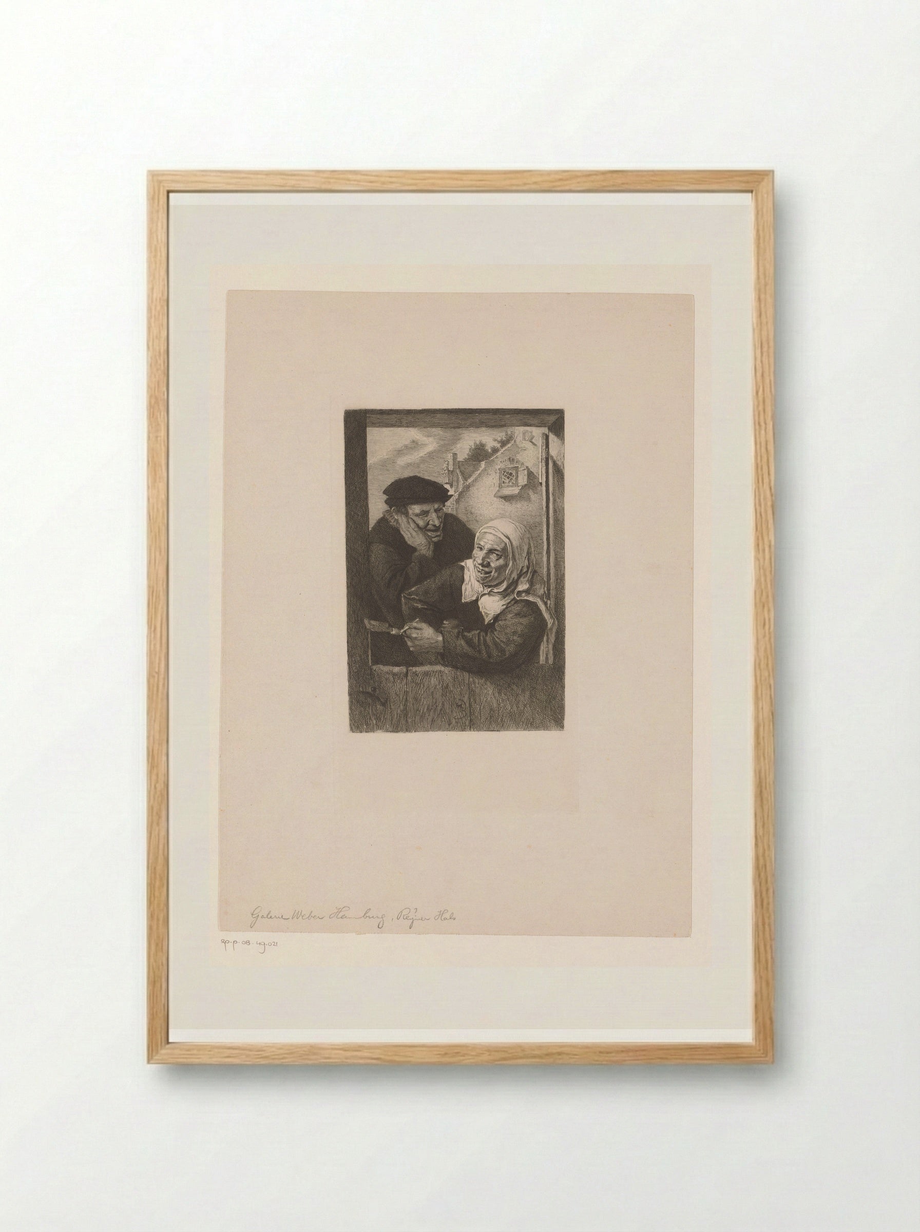 Vrouw met pijp en man in deuropening - Léopold Flameng - Framed Print Wood