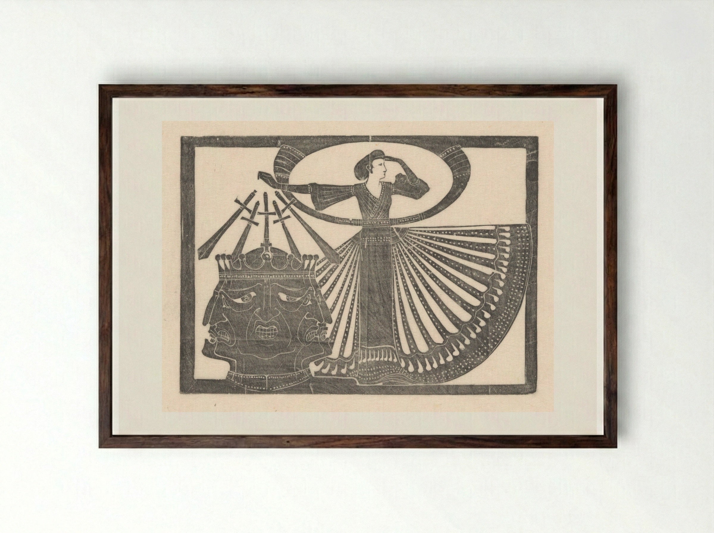 Vrouw naast hoofd met meerdere gezichten - Karel Petrus Cornelis de Bazel - Framed Print Dark Wood