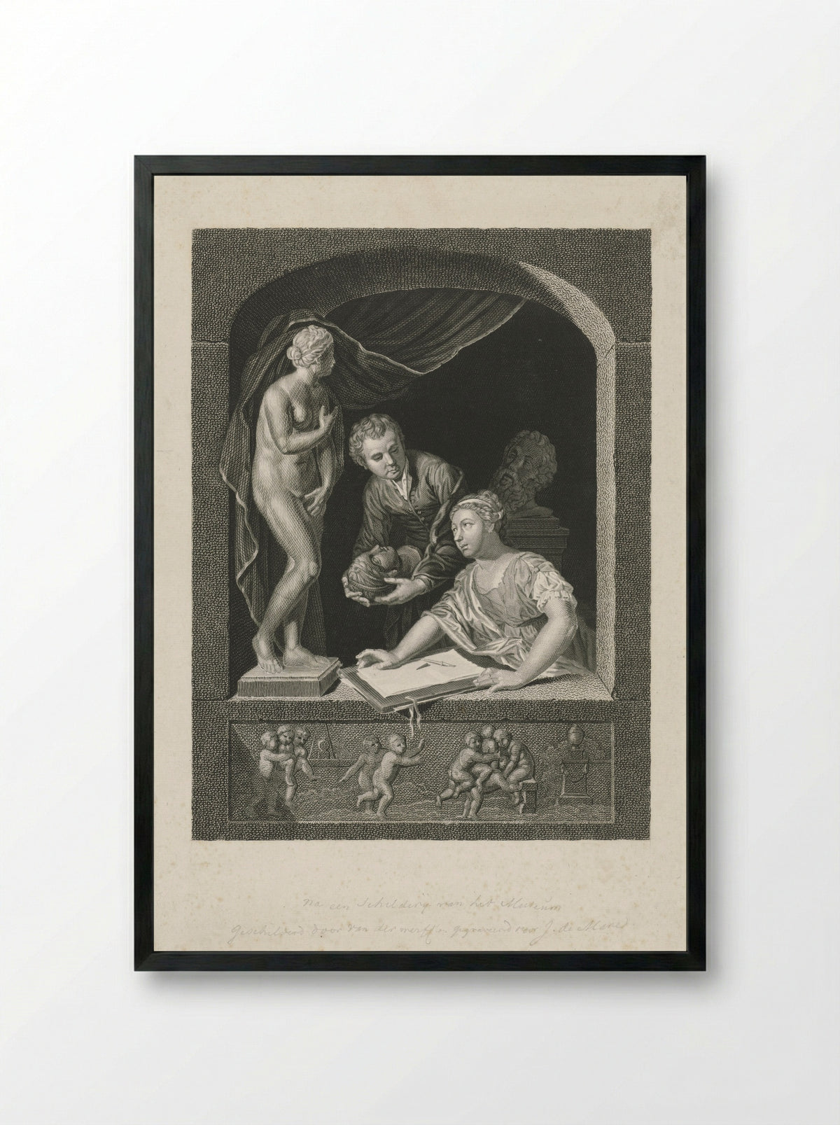 Vrouw tekenend in een venster - Johannes de Mare - Framed Print Black