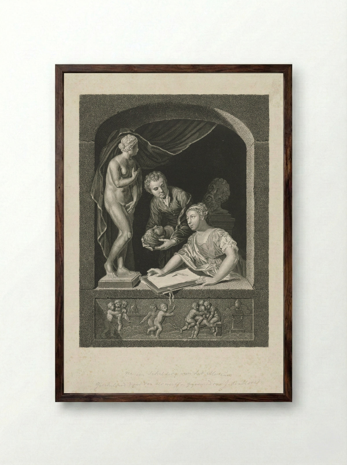 Vrouw tekenend in een venster - Johannes de Mare - Framed Print Dark Wood