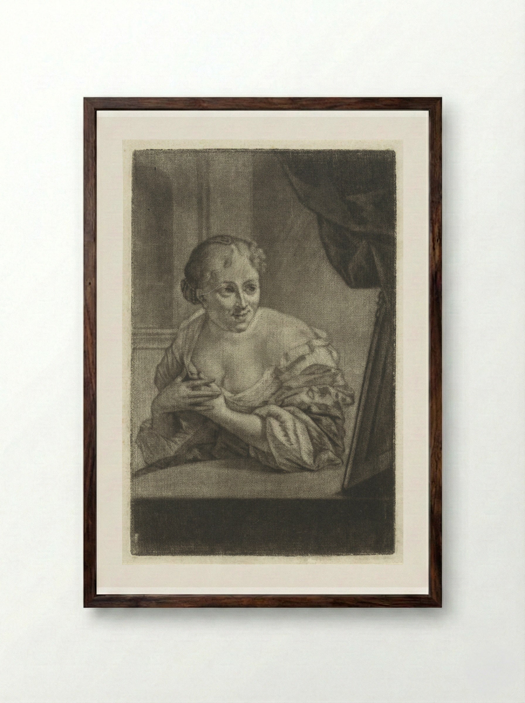 Vrouw voor een spiegel (Woman at a Mirror) - Aert Schouman - Framed Print Dark Wood