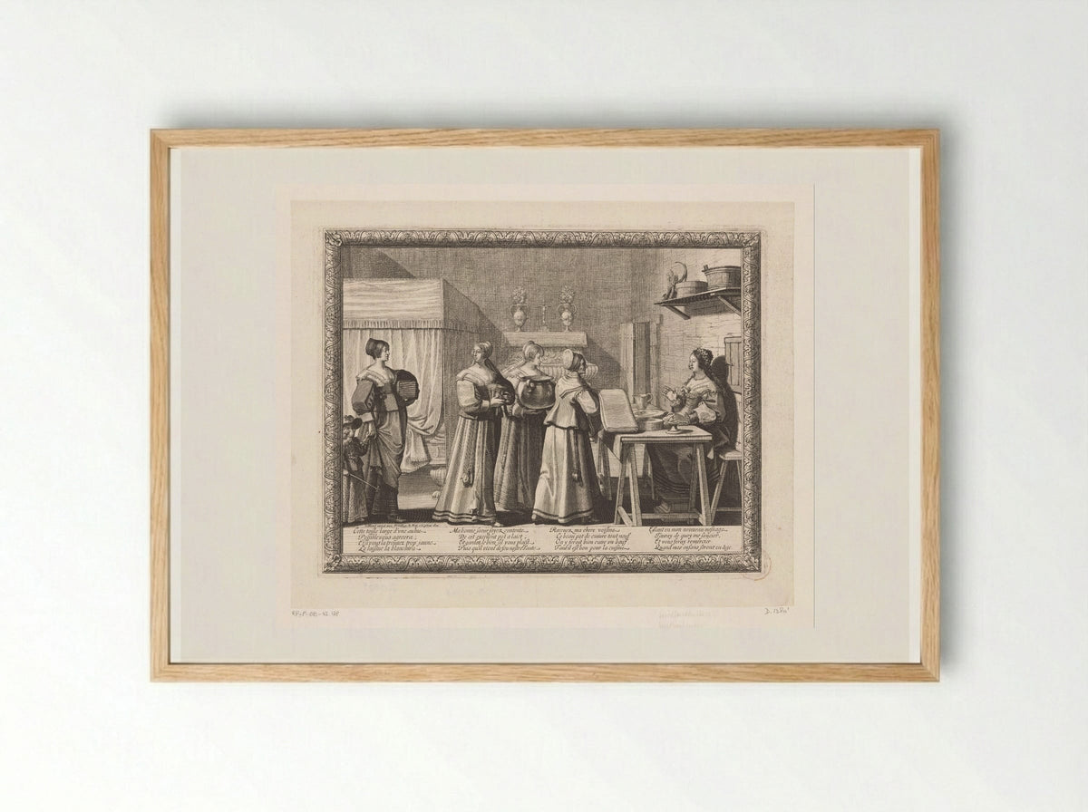 Vrouwen brengen geschenken naar de bruid - Abraham Bosse - Framed Print Wood