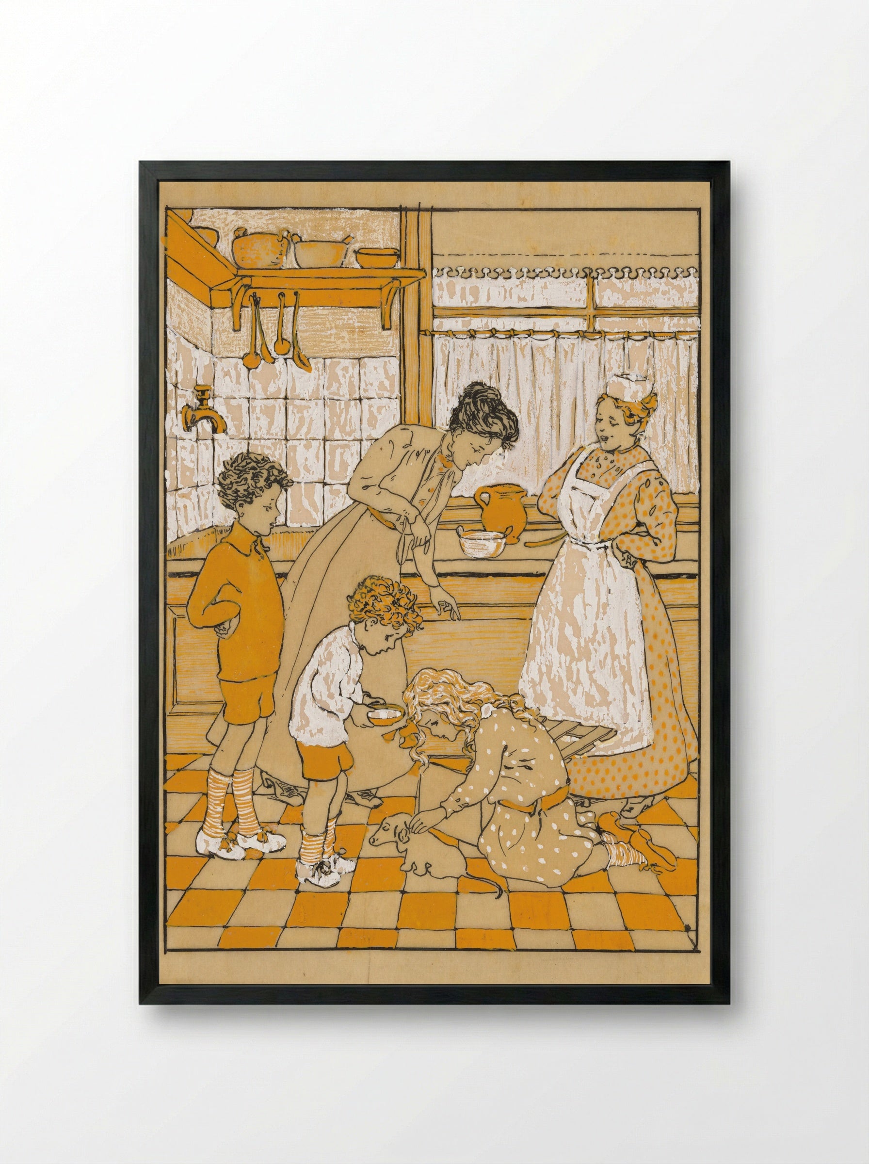 Vrouwen en kinderen met een puppy in een keuken - Nelly Spoor - Framed Print Black