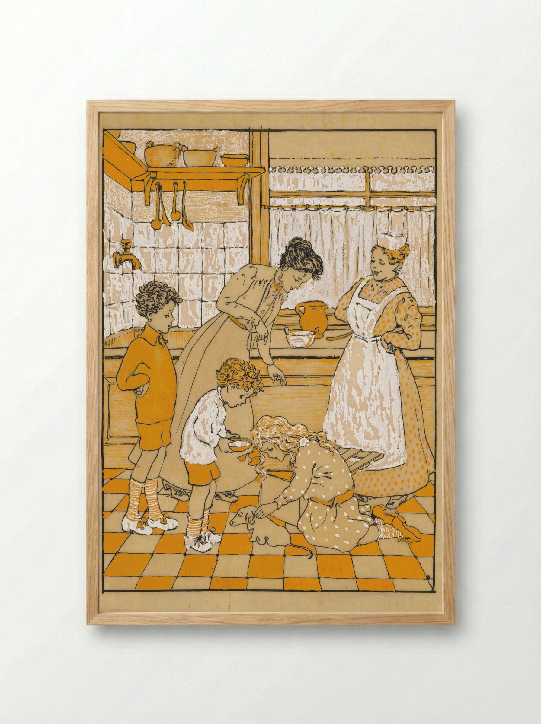 Vrouwen en kinderen met een puppy in een keuken - Nelly Spoor - Framed Print Wood