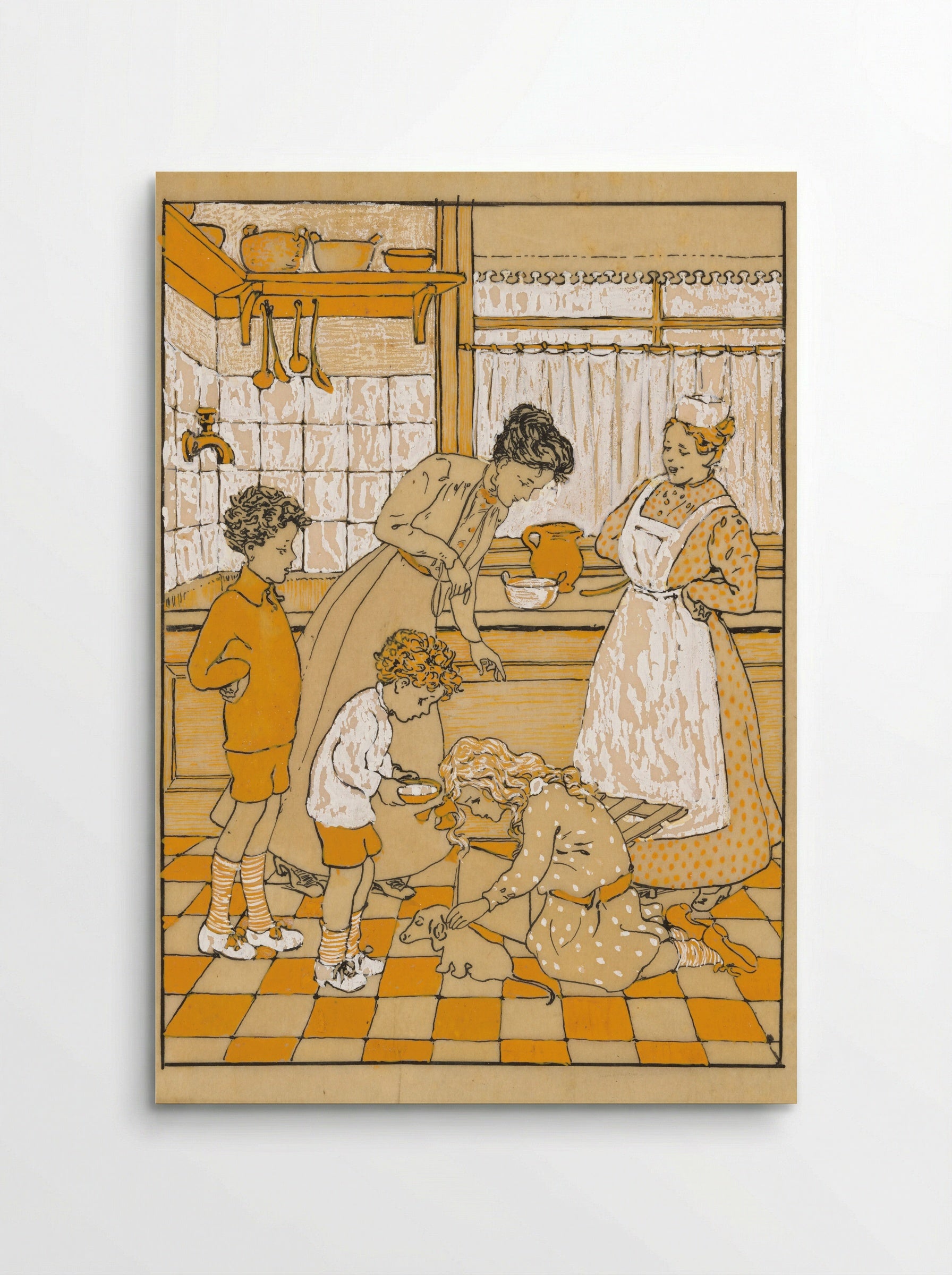 Vrouwen en kinderen met een puppy in een keuken - Nelly Spoor - Poster