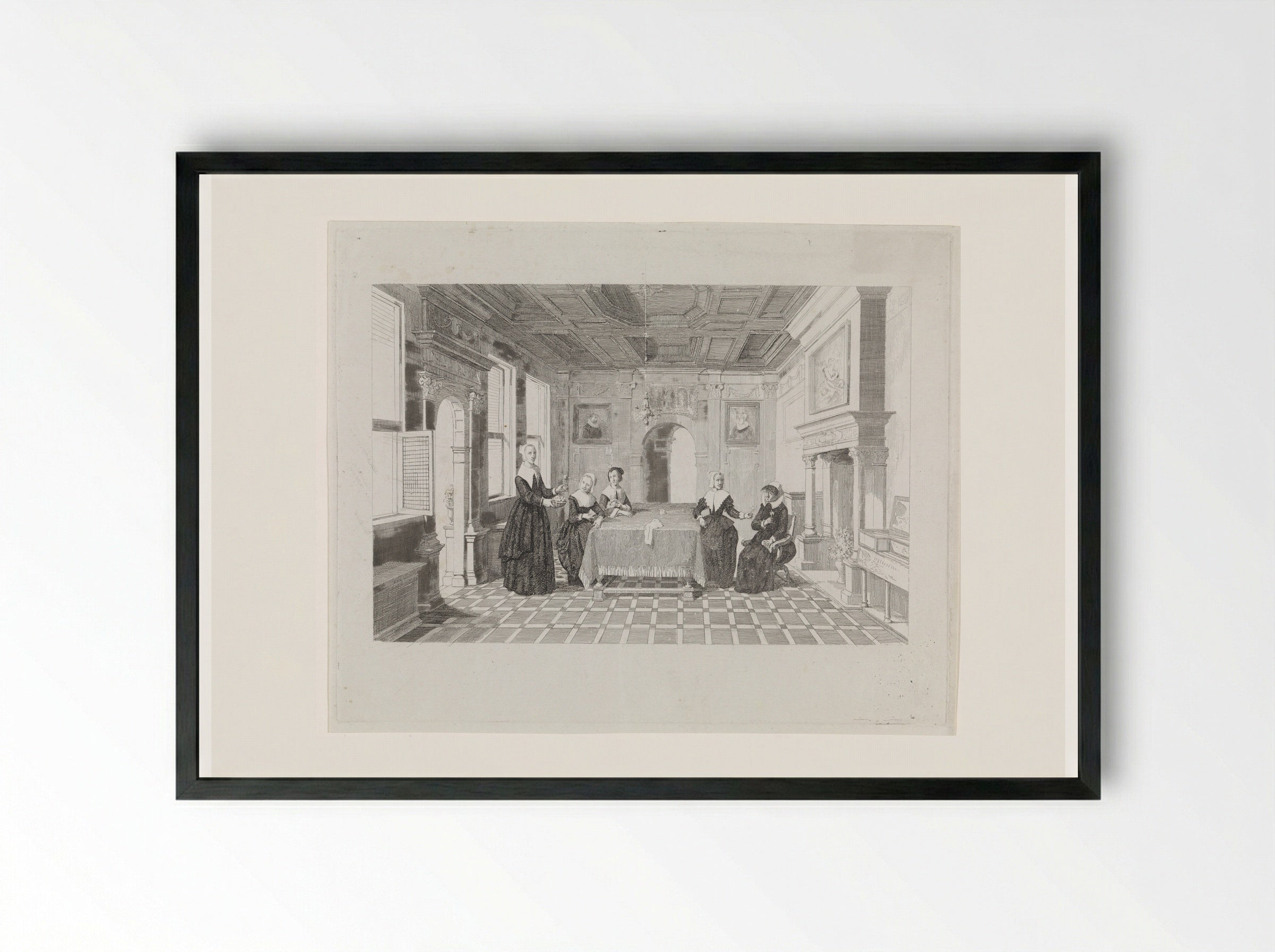 Vrouwen met bloemen in een vertrek - David van der Kellen - Framed Print Black