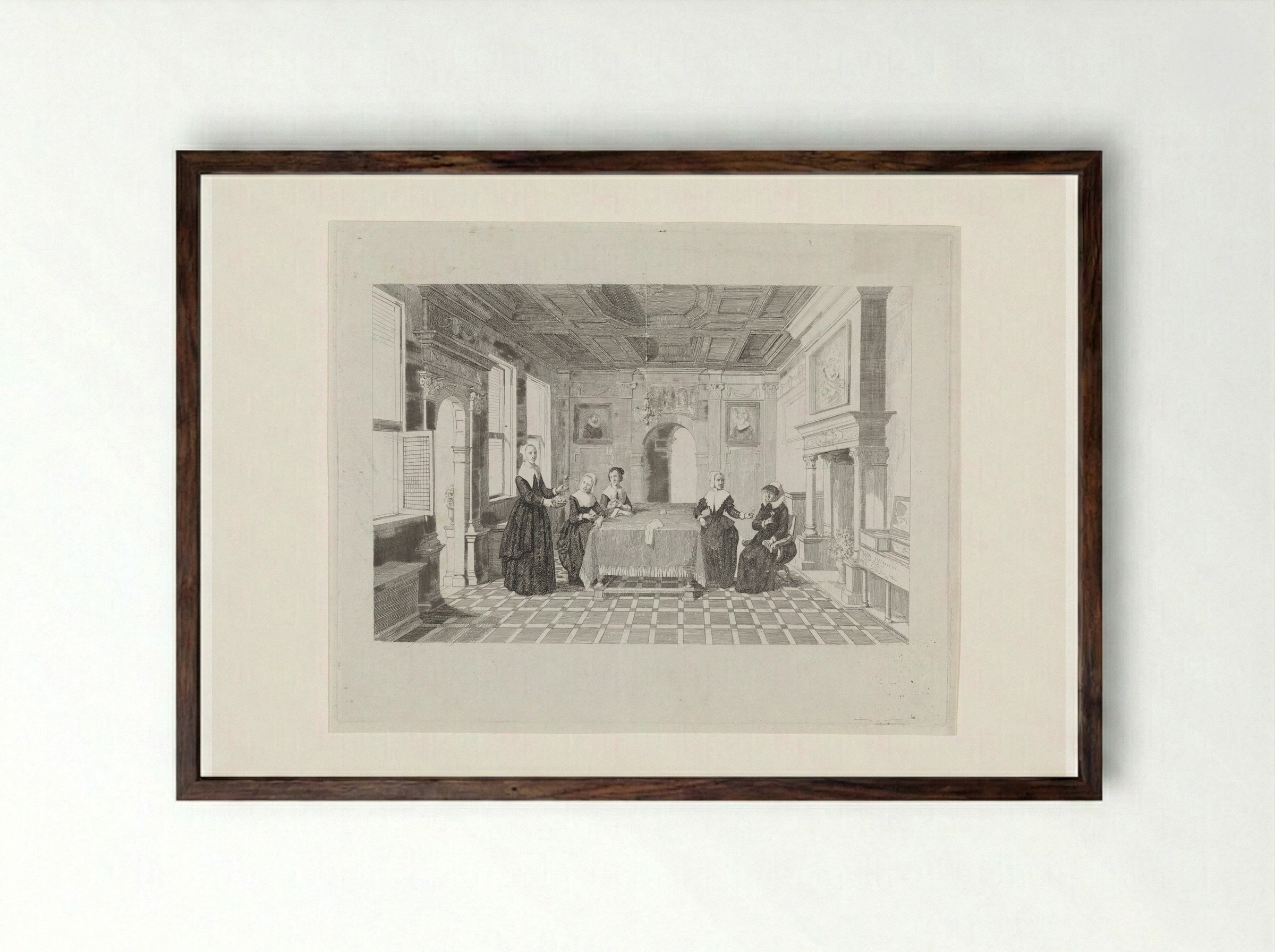 Vrouwen met bloemen in een vertrek - David van der Kellen - Framed Print Dark Wood