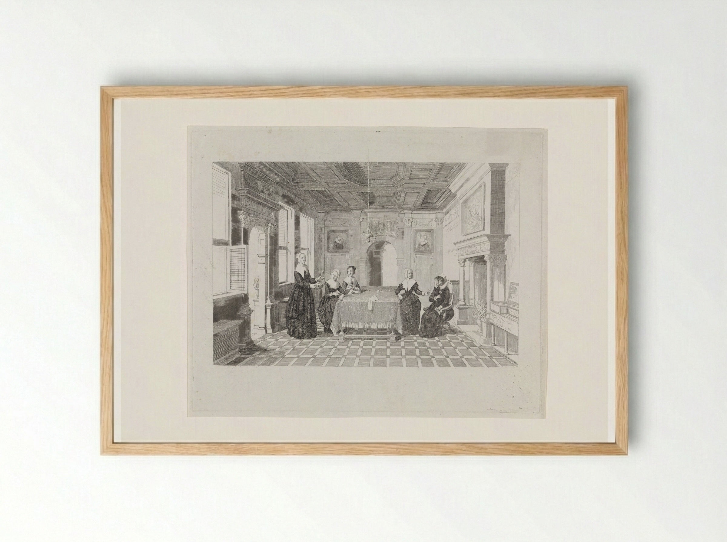 Vrouwen met bloemen in een vertrek - David van der Kellen - Framed Print Wood