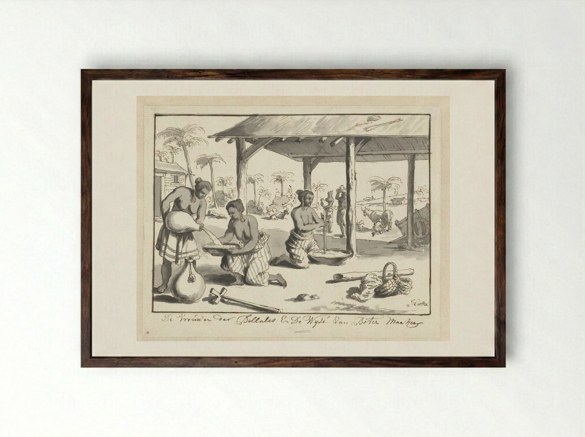 Vrouwen van de stam der Bellales op Ceylon maken boter - Jean Covitré - Framed Print Dark Wood