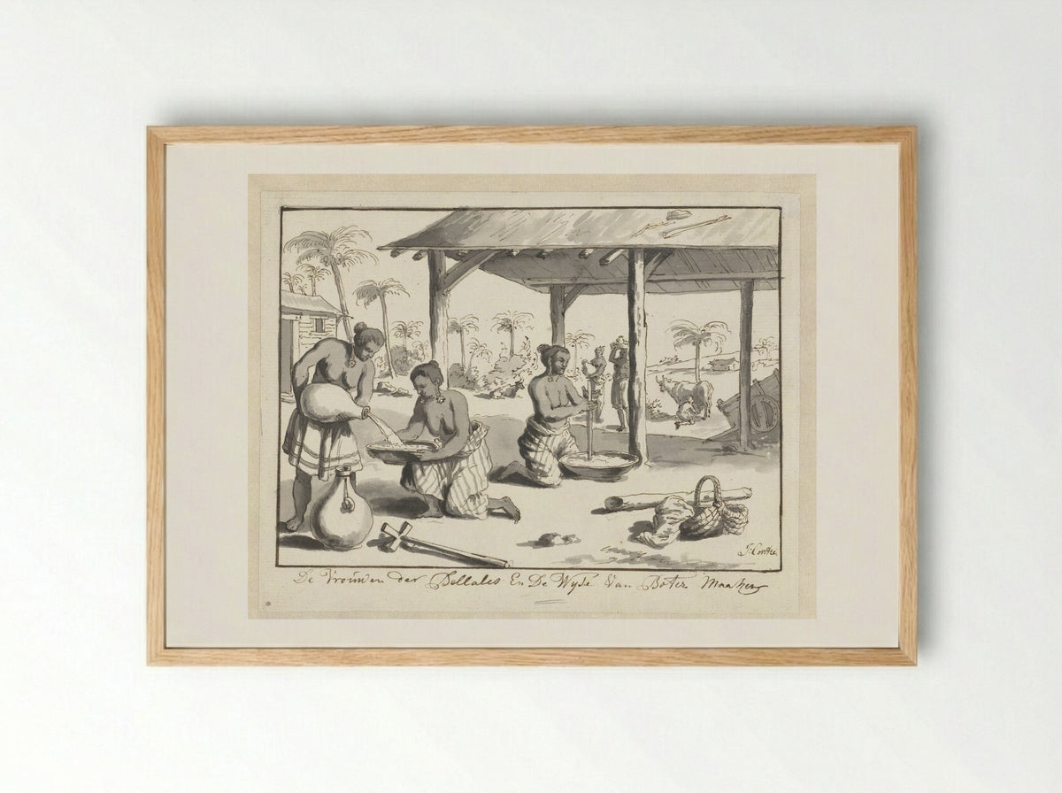 Vrouwen van de stam der Bellales op Ceylon maken boter - Jean Covitré - Framed Print Wood