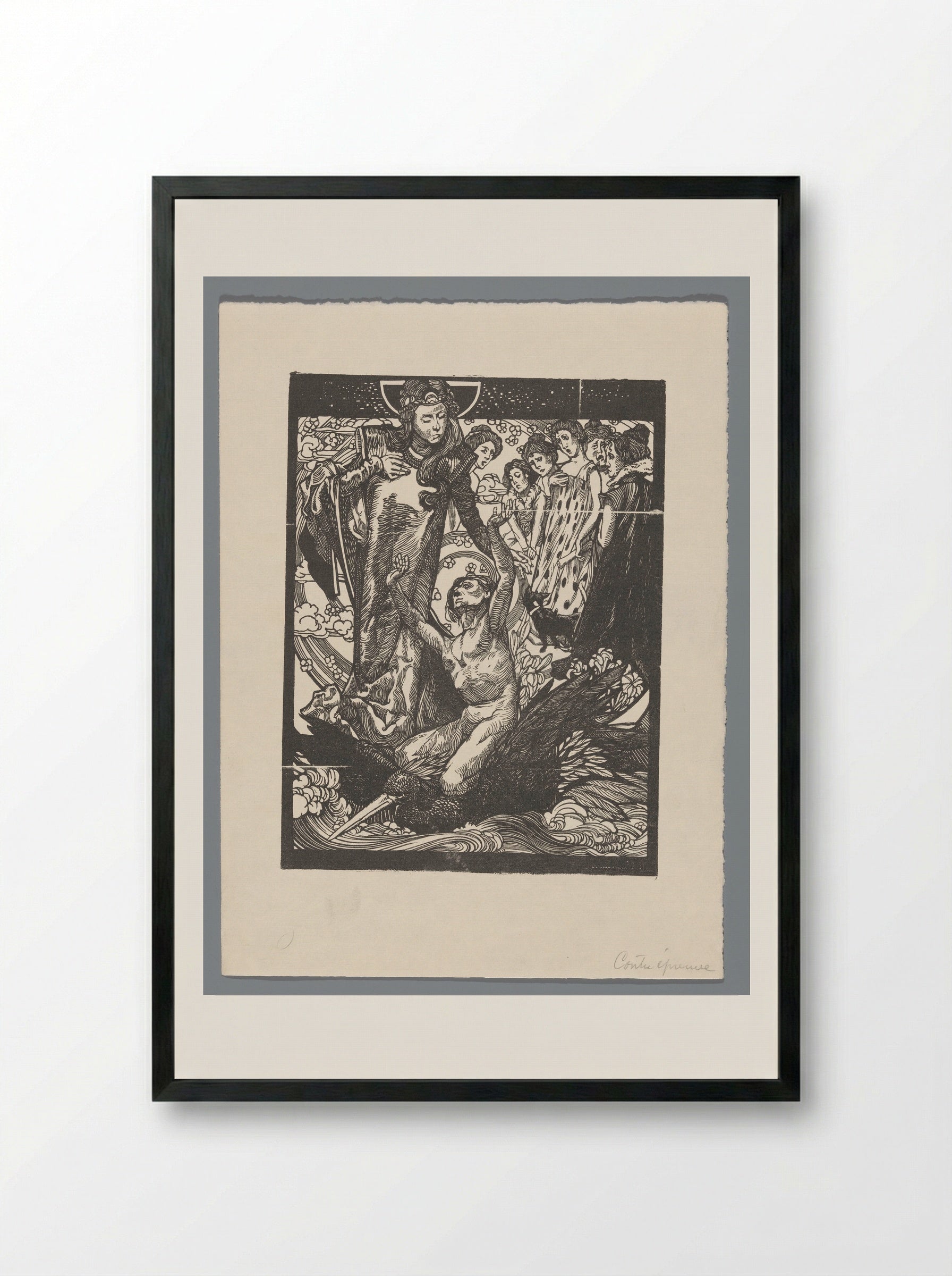 Vrouwenfiguren met man op rug van vogel - Johannes Josephus Aarts - Framed Print Black