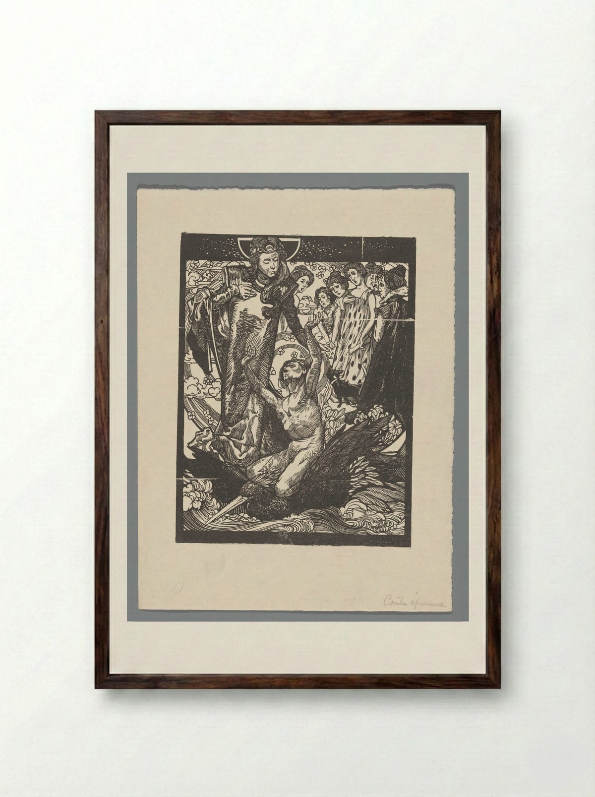 Vrouwenfiguren met man op rug van vogel - Johannes Josephus Aarts - Framed Print Dark Wood