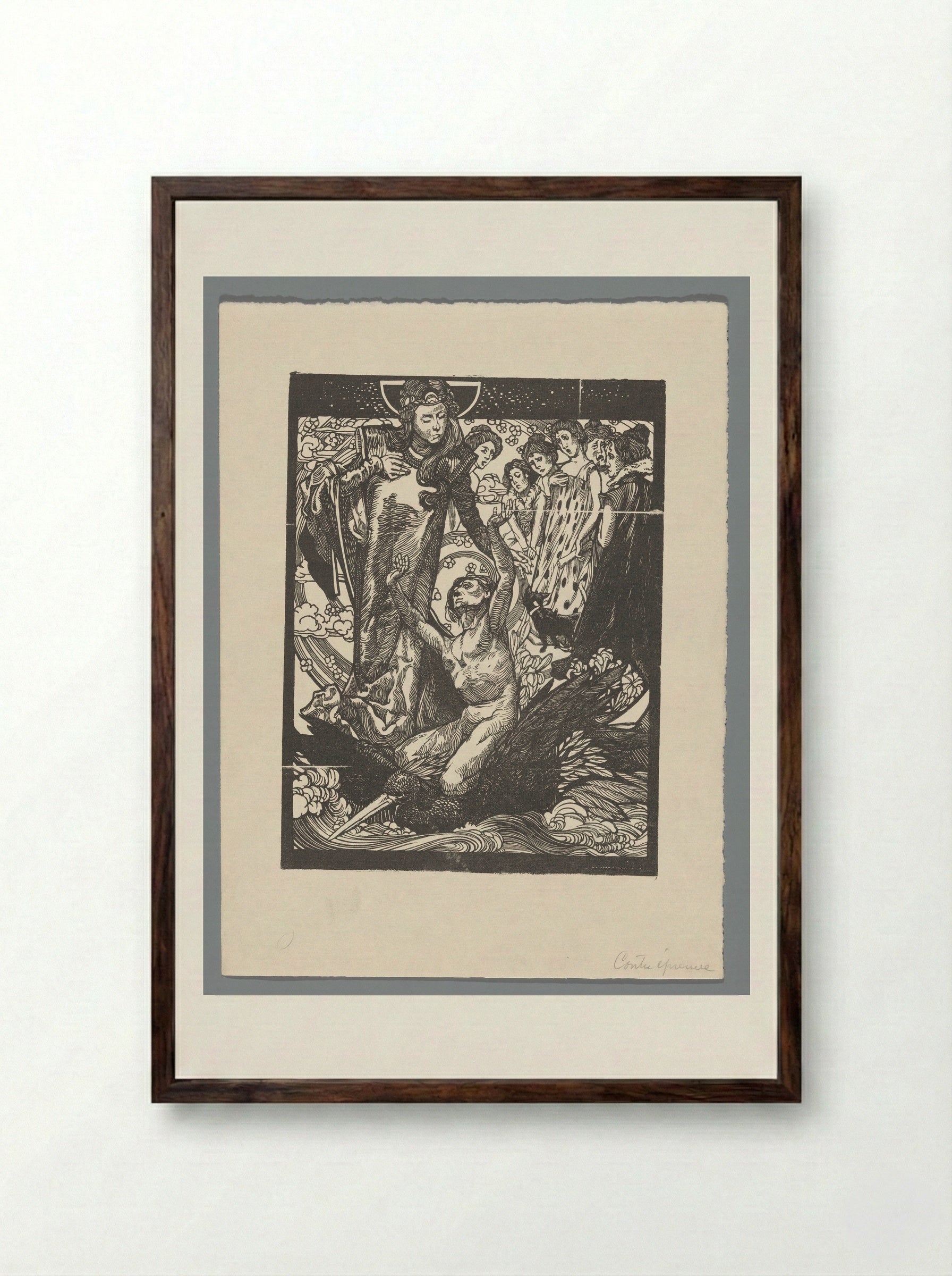 Vrouwenfiguren met man op rug van vogel - Johannes Josephus Aarts - Framed Print Dark Wood
