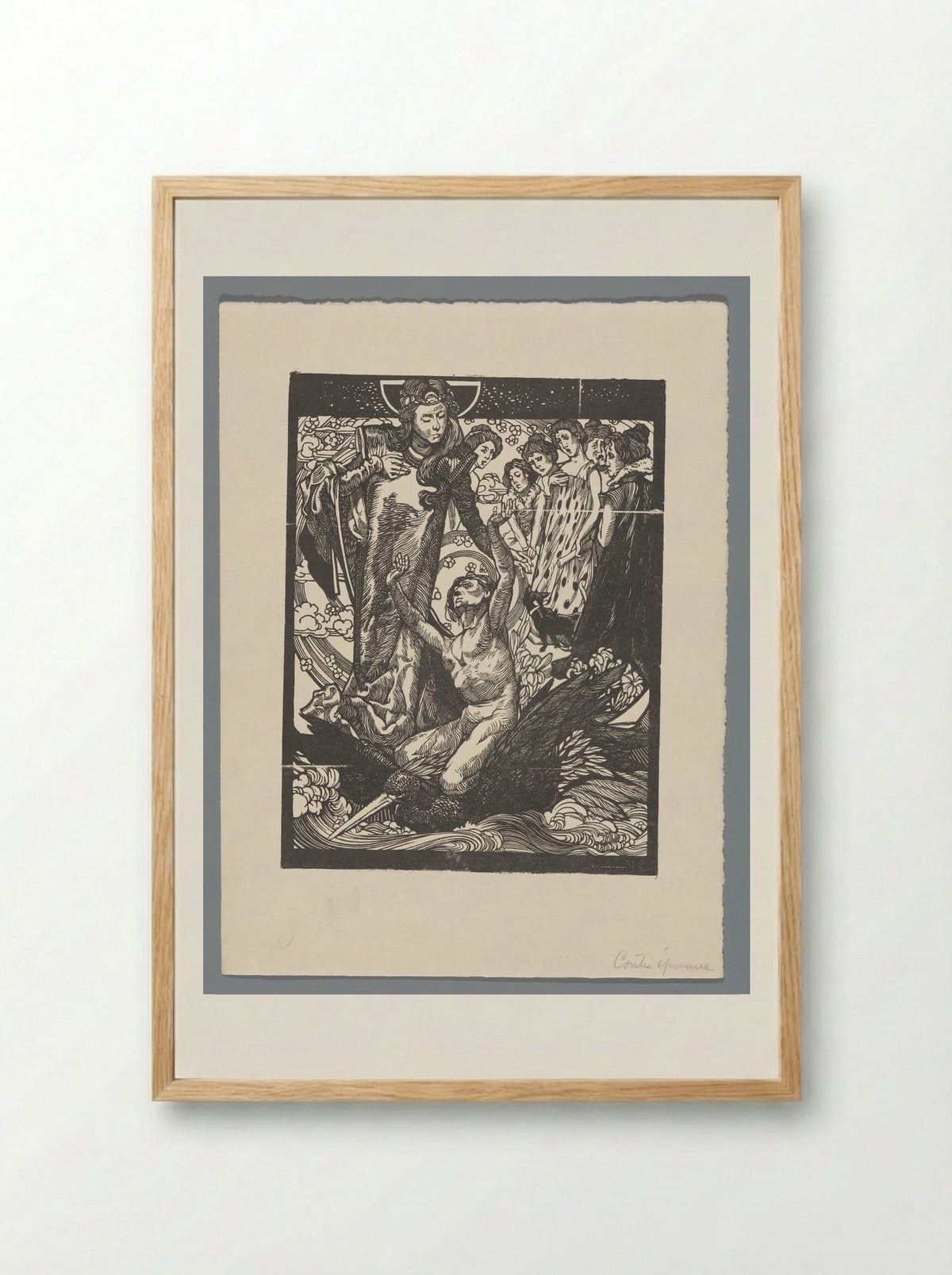 Vrouwenfiguren met man op rug van vogel - Johannes Josephus Aarts - Framed Print Wood