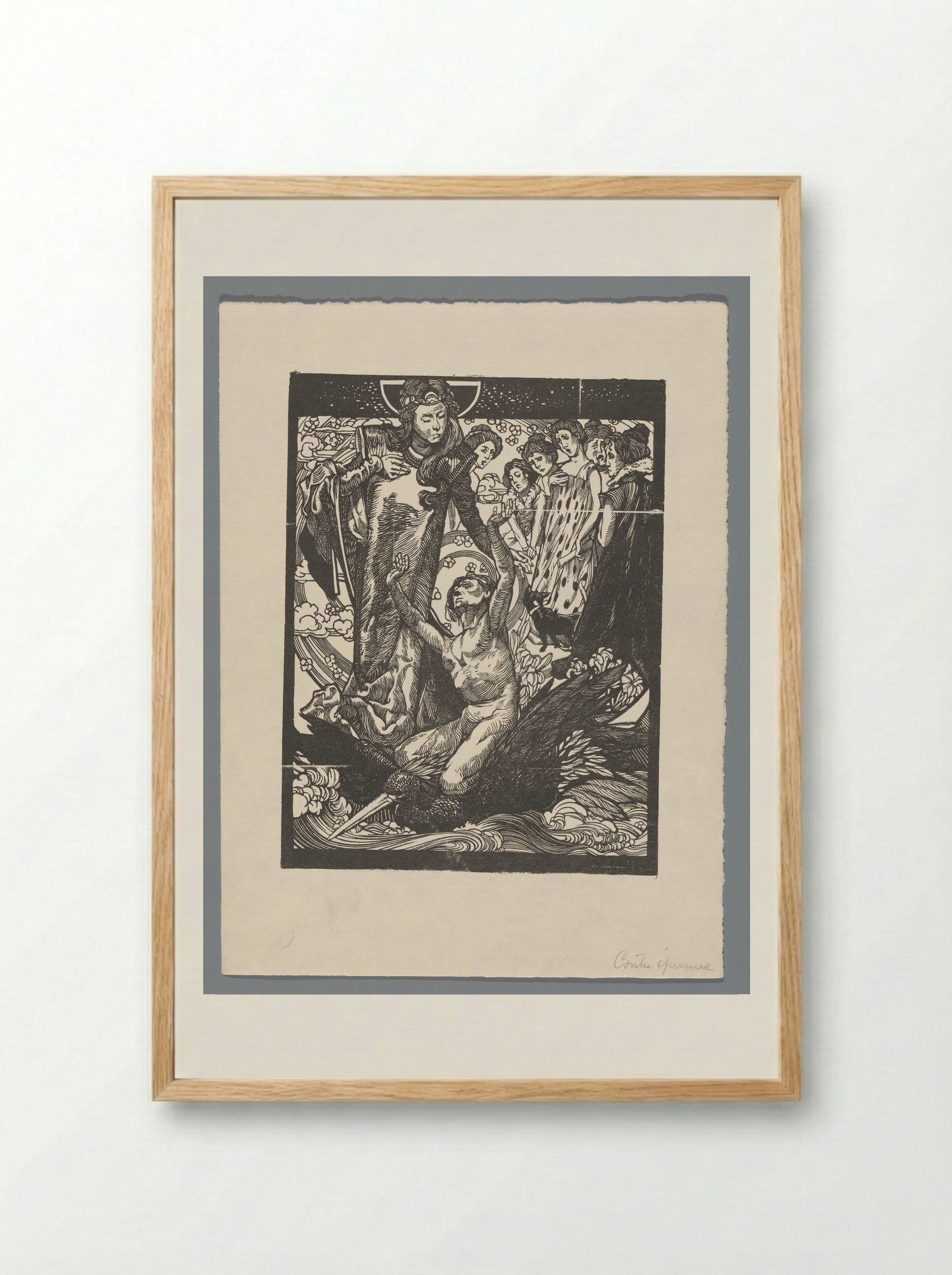 Vrouwenfiguren met man op rug van vogel - Johannes Josephus Aarts - Framed Print Wood