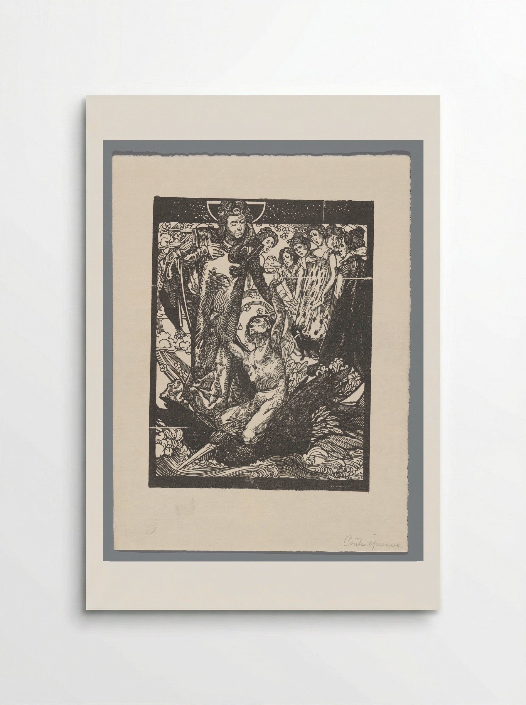 Vrouwenfiguren met man op rug van vogel - Johannes Josephus Aarts - Poster